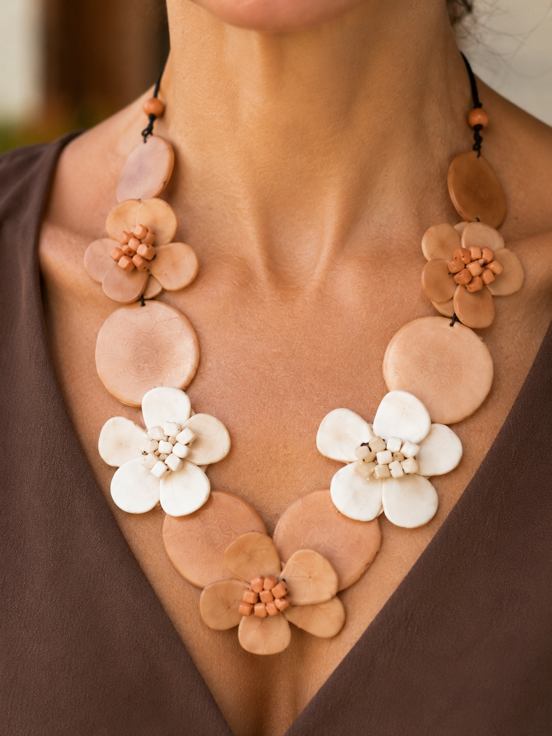Natural Tagua Flower Statement Necklace, Nude & Ivory Handmade Eco-Friendly Necklace