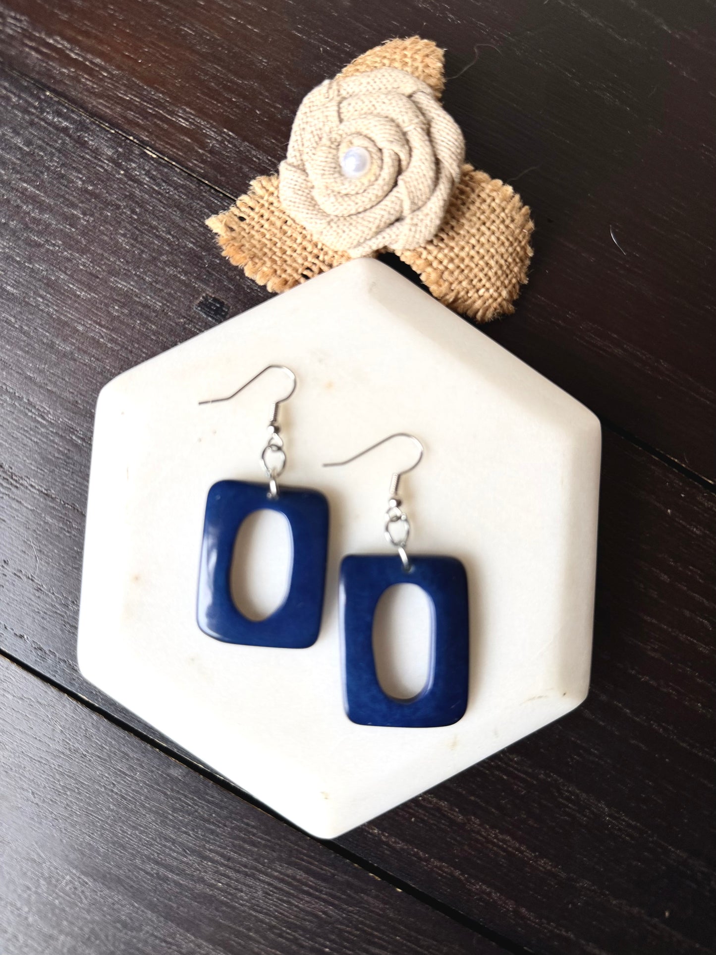 Blue Tagua Nut Dangle Earrings, Geometric Statement Jewelry, Lightweight Eco Friendly Earrings