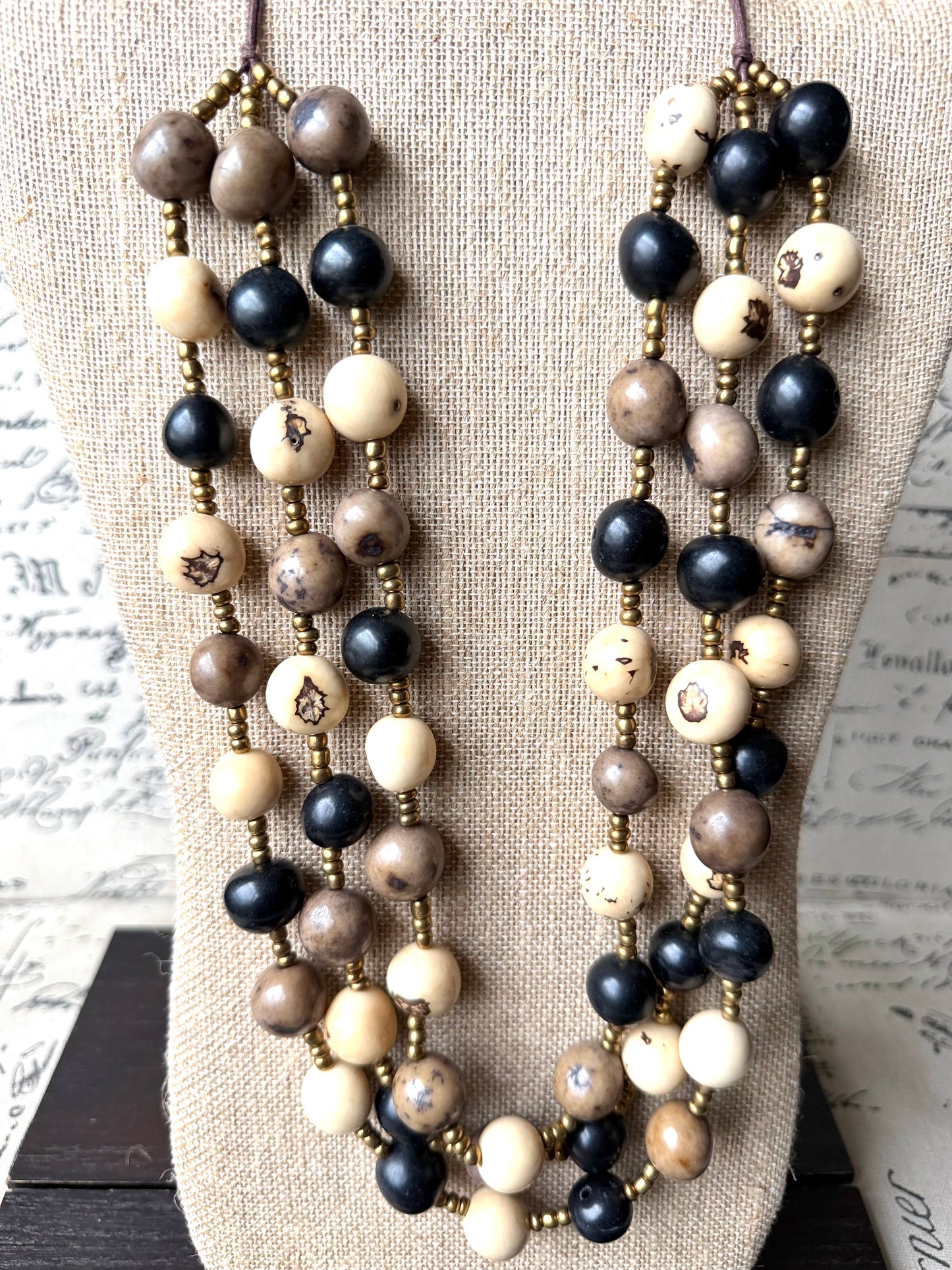 Black Beige Gray Multi Layer Tagua Necklace – Eco-Friendly Statement Jewelry