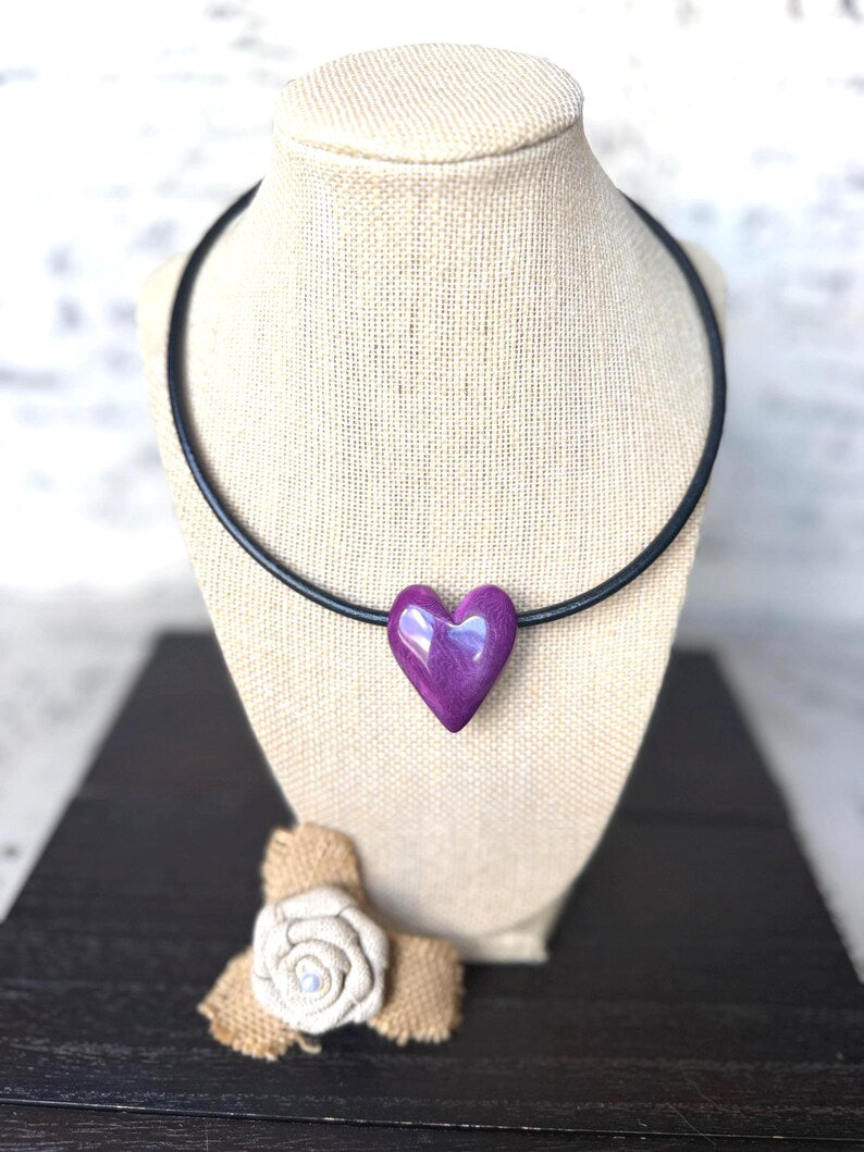 Purple Heart Tagua Nut Pendant Necklace with Magnetic Clasp – Handmade Eco Friendly Jewelry