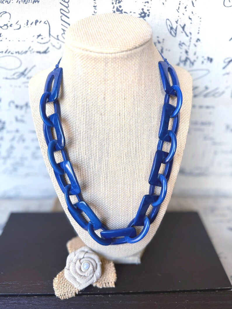 Blue Tagua Statement Chain Necklace – Adjustable 18–26"