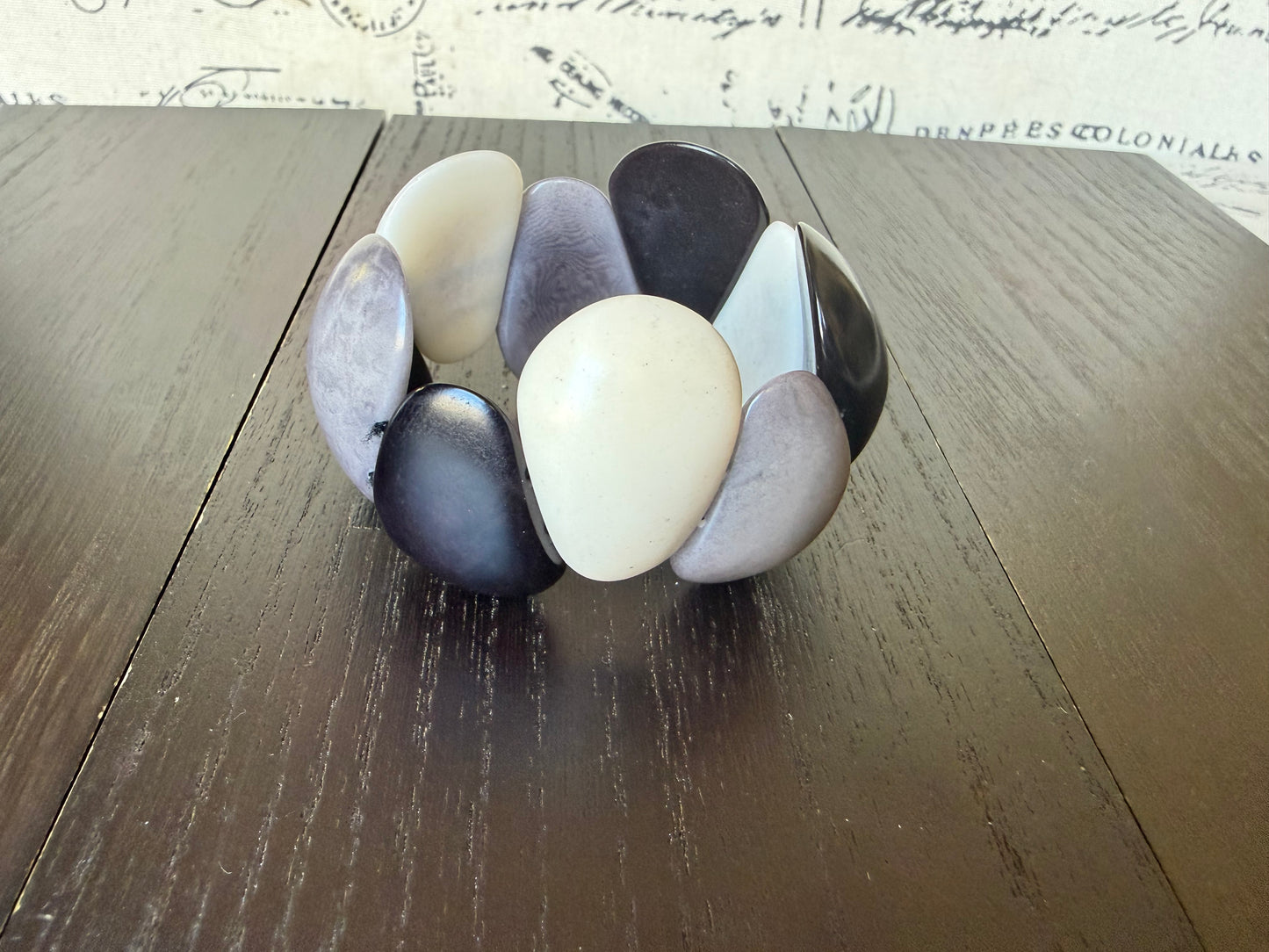 Black White Gray Tagua Nut Bracelet Chunky Neutral Boho Jewelry Stretch Statement Bracelet