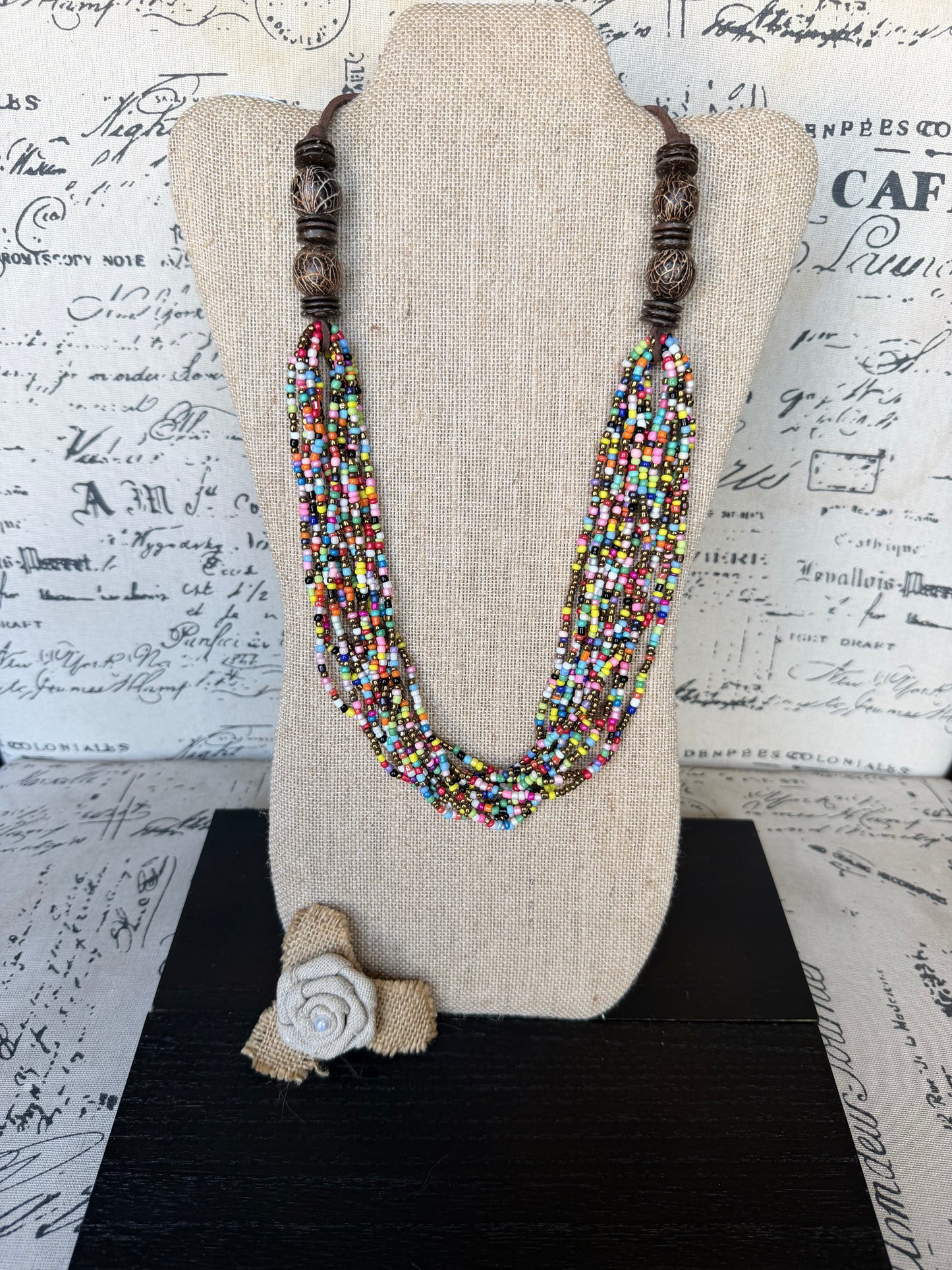 Multi Layer Seed Bead Statement Necklace with Coconut Accents Boho Colorful Beaded Layered Necklace