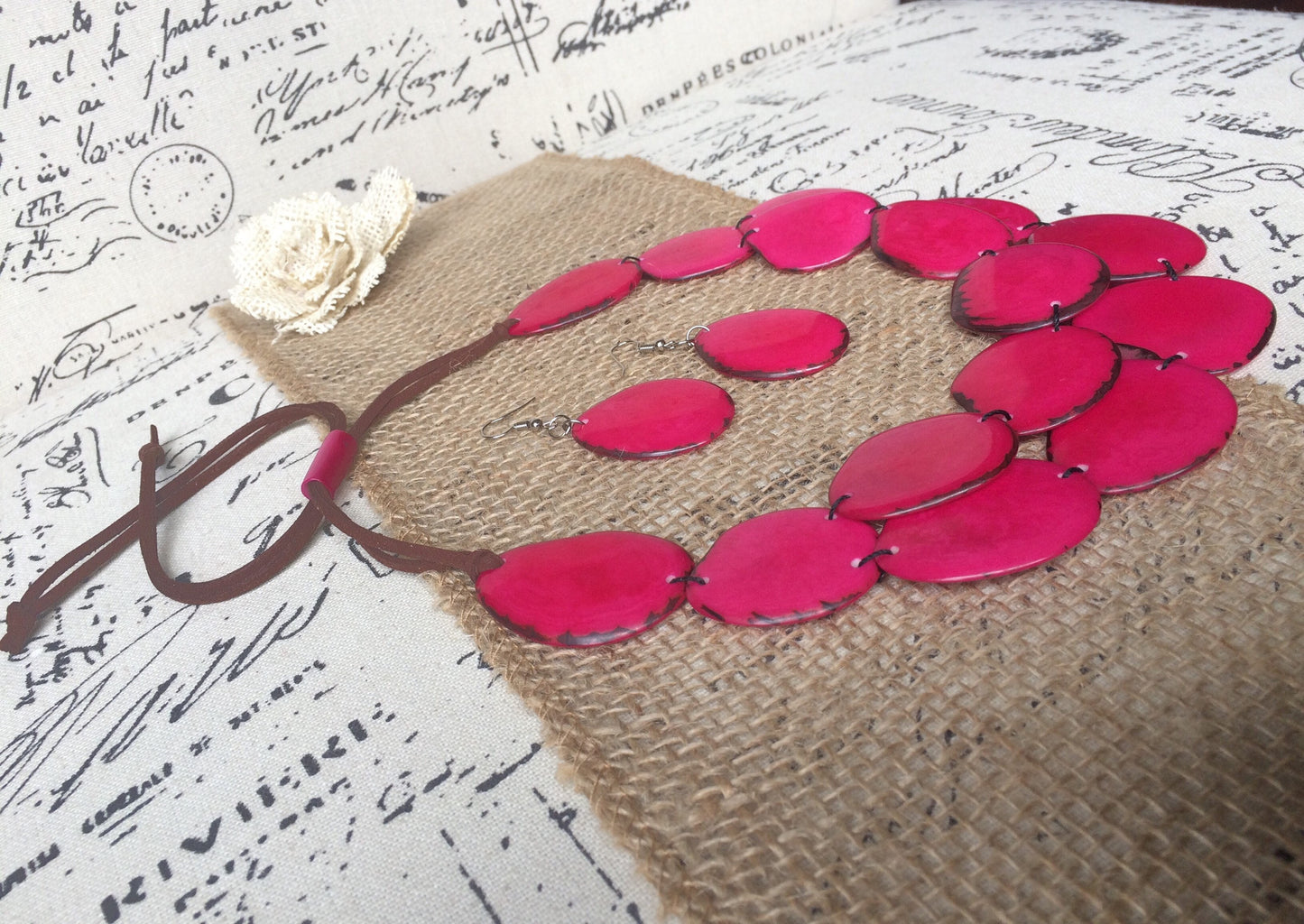 Tagua jewelry Pink statement necklace Adjustable cord Big bold necklaces Wearable art Fall fashion trends Mothers day gift Multi layer bib