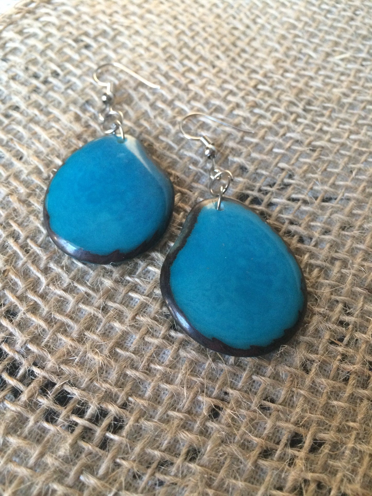 Tagua earrings Big teal blue earrings Handmade beaded earrings Oversized dangle earrings Fall fashion trends Wearable art Dangly earrings