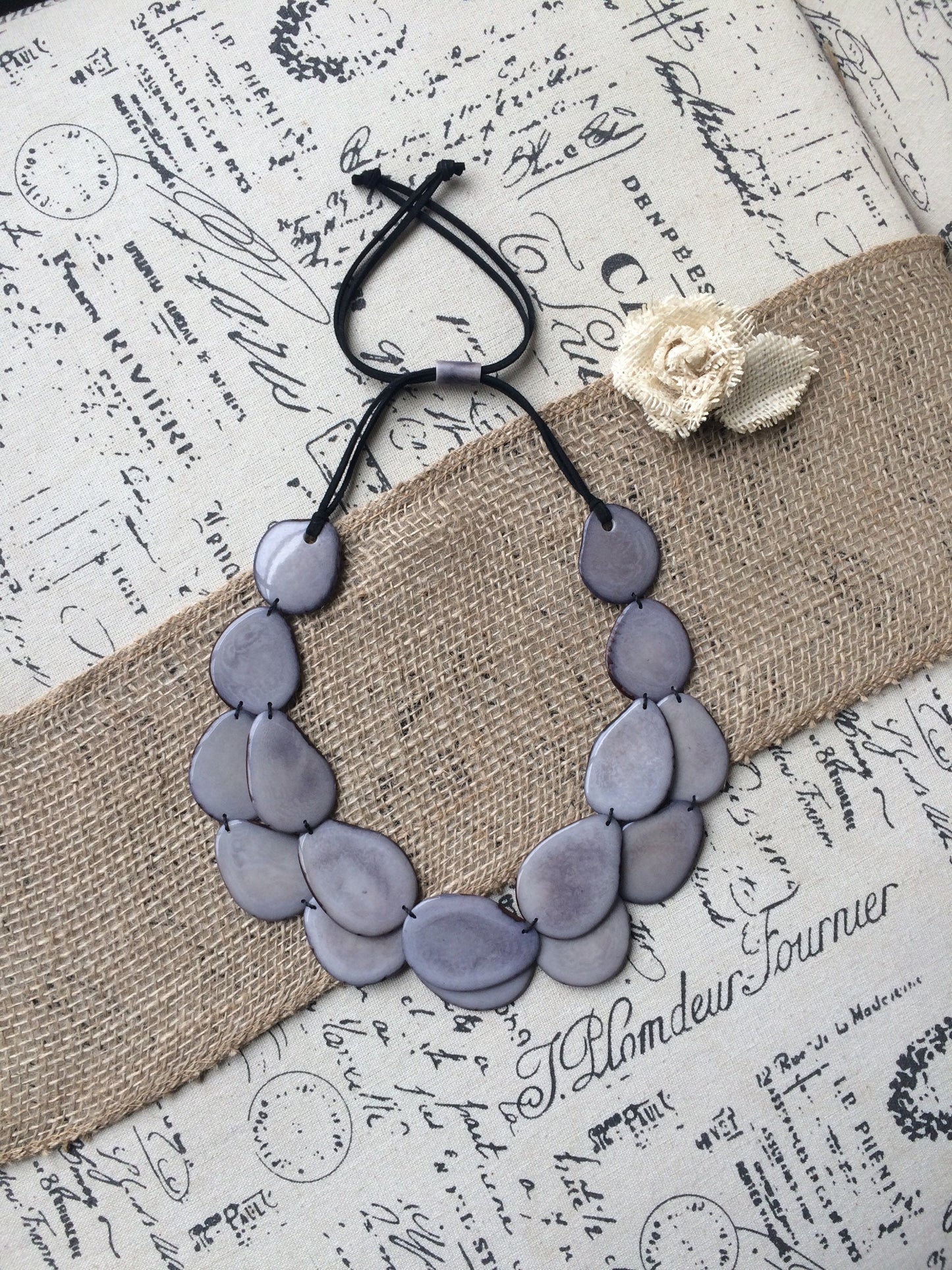 Gray statement necklace Tagua jewelry Big bold necklaces for women Double layer beaded necklace Wearable art Anniversary gift wife