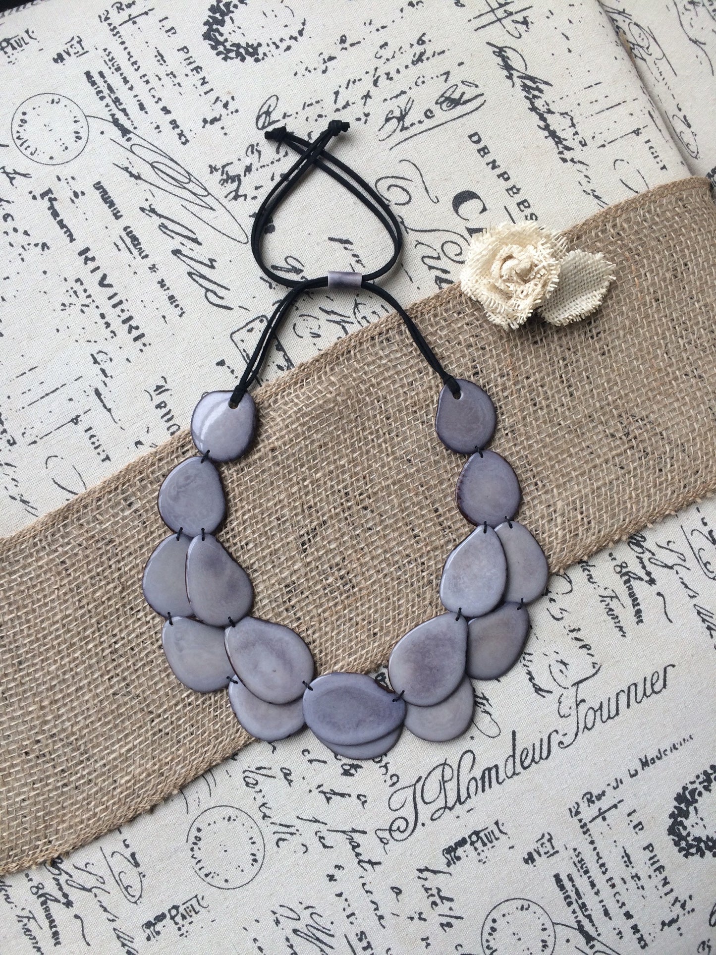 Gray statement necklace Tagua jewelry Big bold necklaces for women Double layer beaded necklace Wearable art Anniversary gift wife