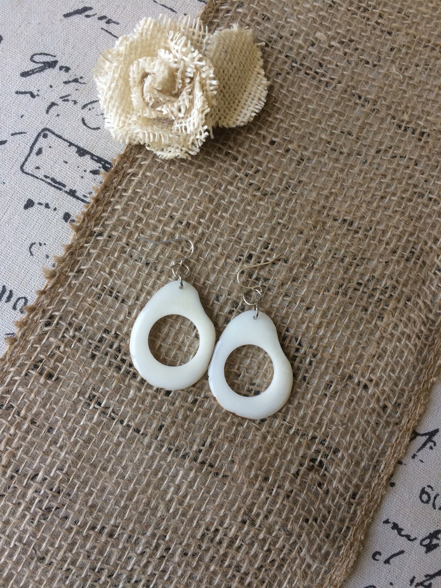White statement earrings Tagua jewelry 14 year wedding anniversary gift for wife Wearable art Handmade beaded earrings Dangly drop earrings