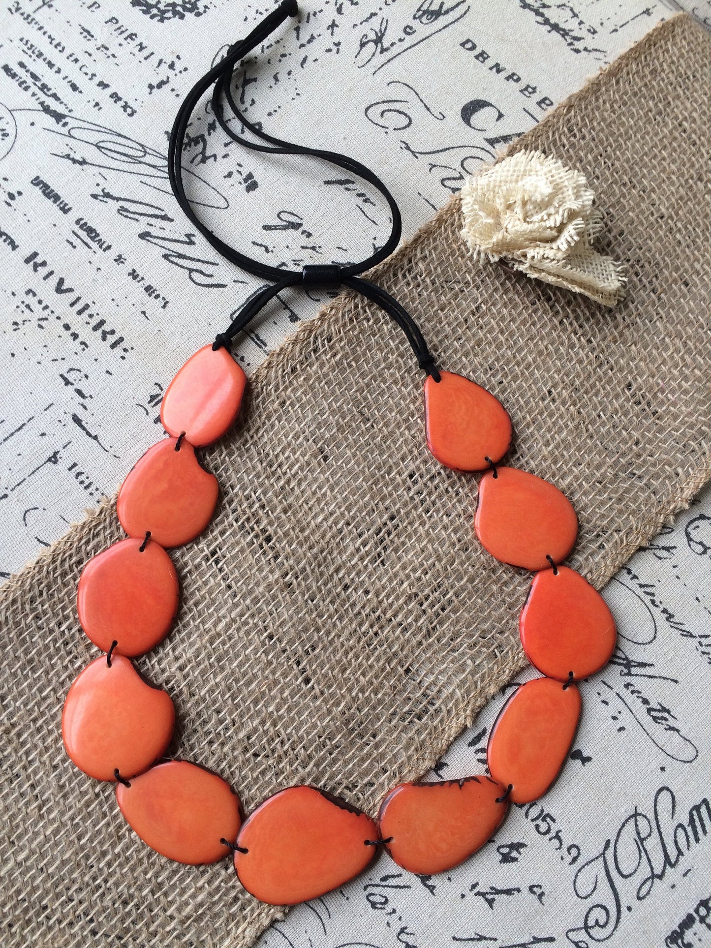 Orange statement necklace Tagua necklace Spring fashion trends Wearable art Beaded necklaces handmade Simple necklace Easter fashion