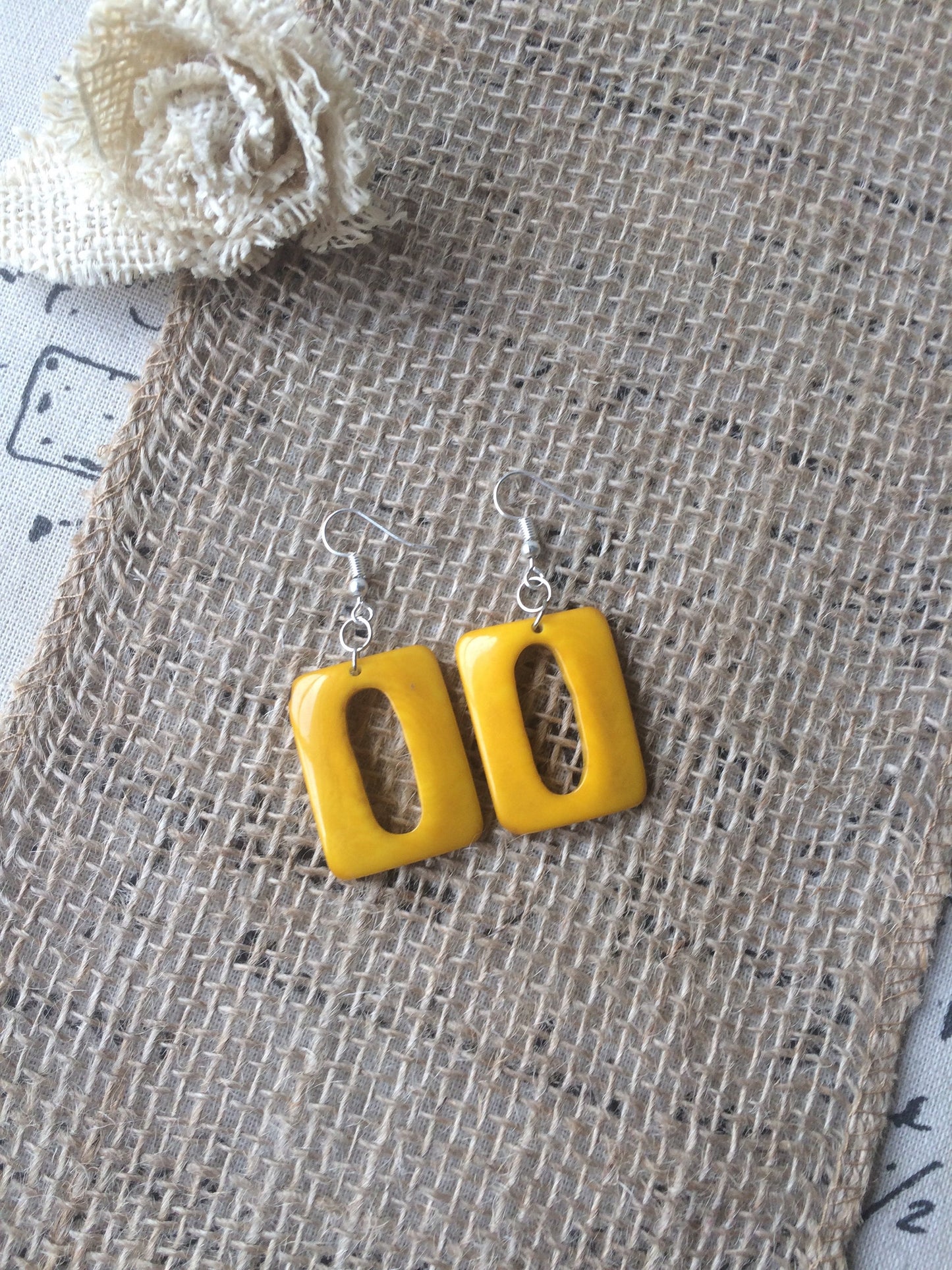 Yellow geometric earrings Tagua nut jewelry Summer fashion Rectangle beaded earrings Dangly drop earrings Art to wear Hypoallergenic