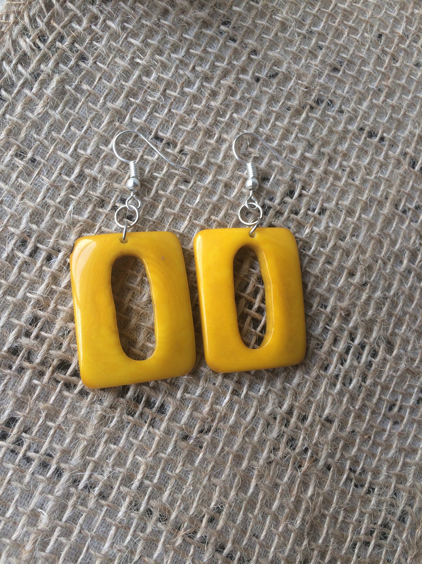 Yellow geometric earrings Tagua nut jewelry Summer fashion Rectangle beaded earrings Dangly drop earrings Art to wear Hypoallergenic