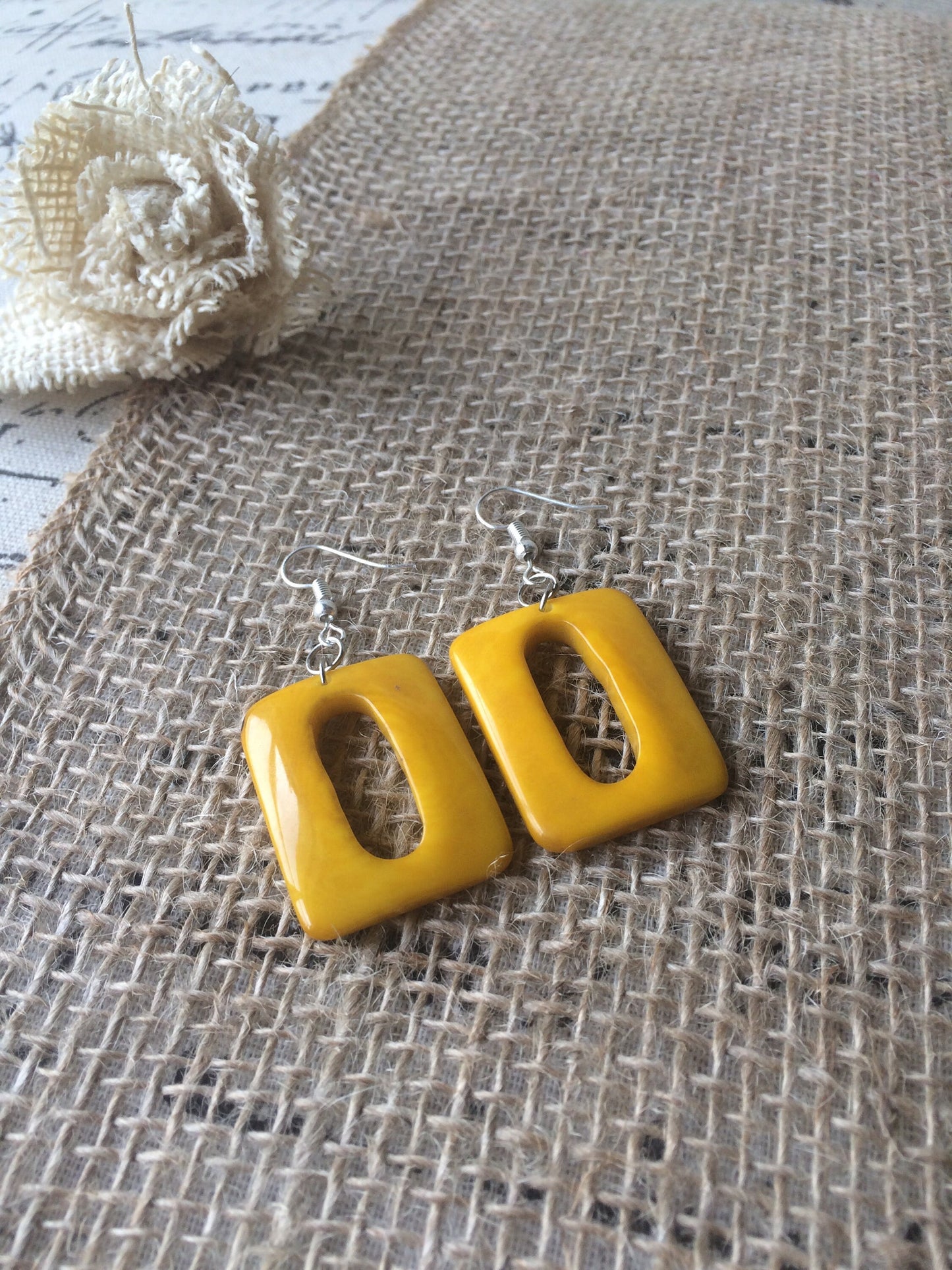 Yellow geometric earrings Tagua nut jewelry Summer fashion Rectangle beaded earrings Dangly drop earrings Art to wear Hypoallergenic