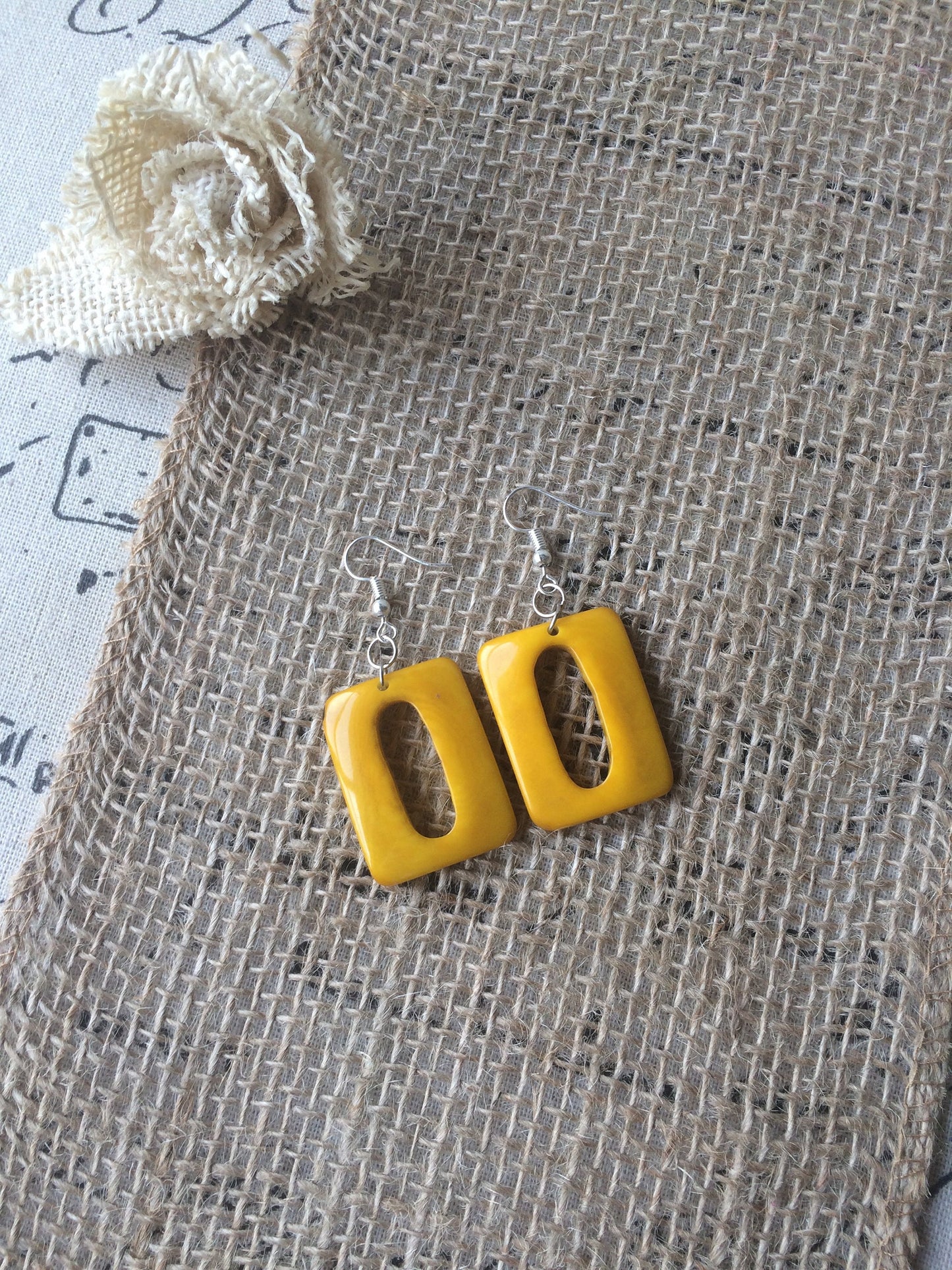 Yellow geometric earrings Tagua nut jewelry Summer fashion Rectangle beaded earrings Dangly drop earrings Art to wear Hypoallergenic