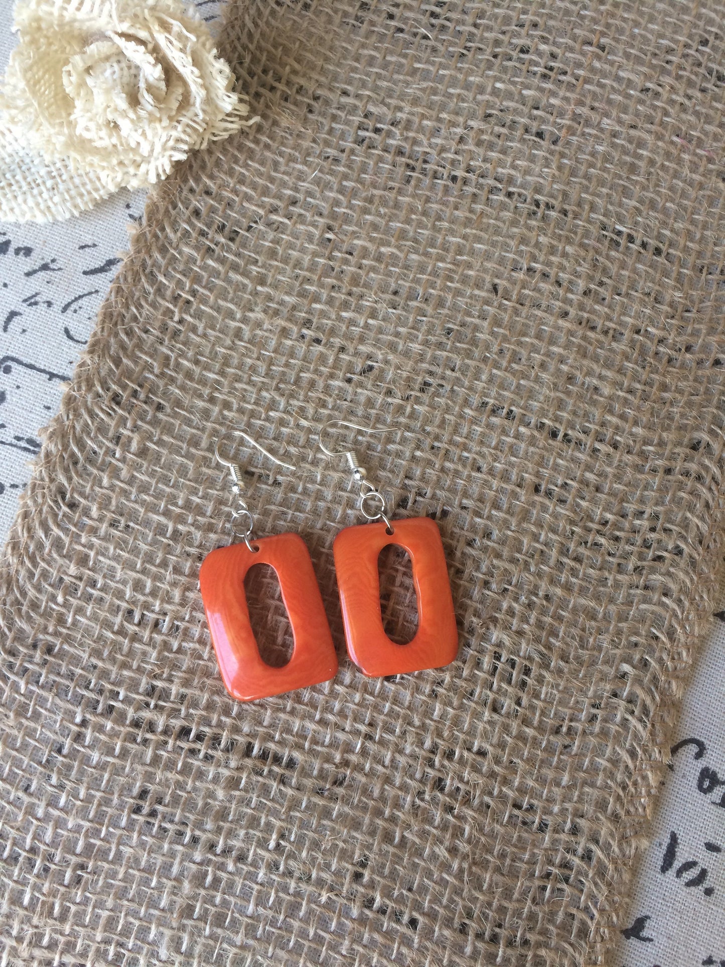 Orange geometric earrings Spring fashion accessories Tagua nut jewelry Mod boho earrings Rectangle jewelry Long dangles Statement jewellery