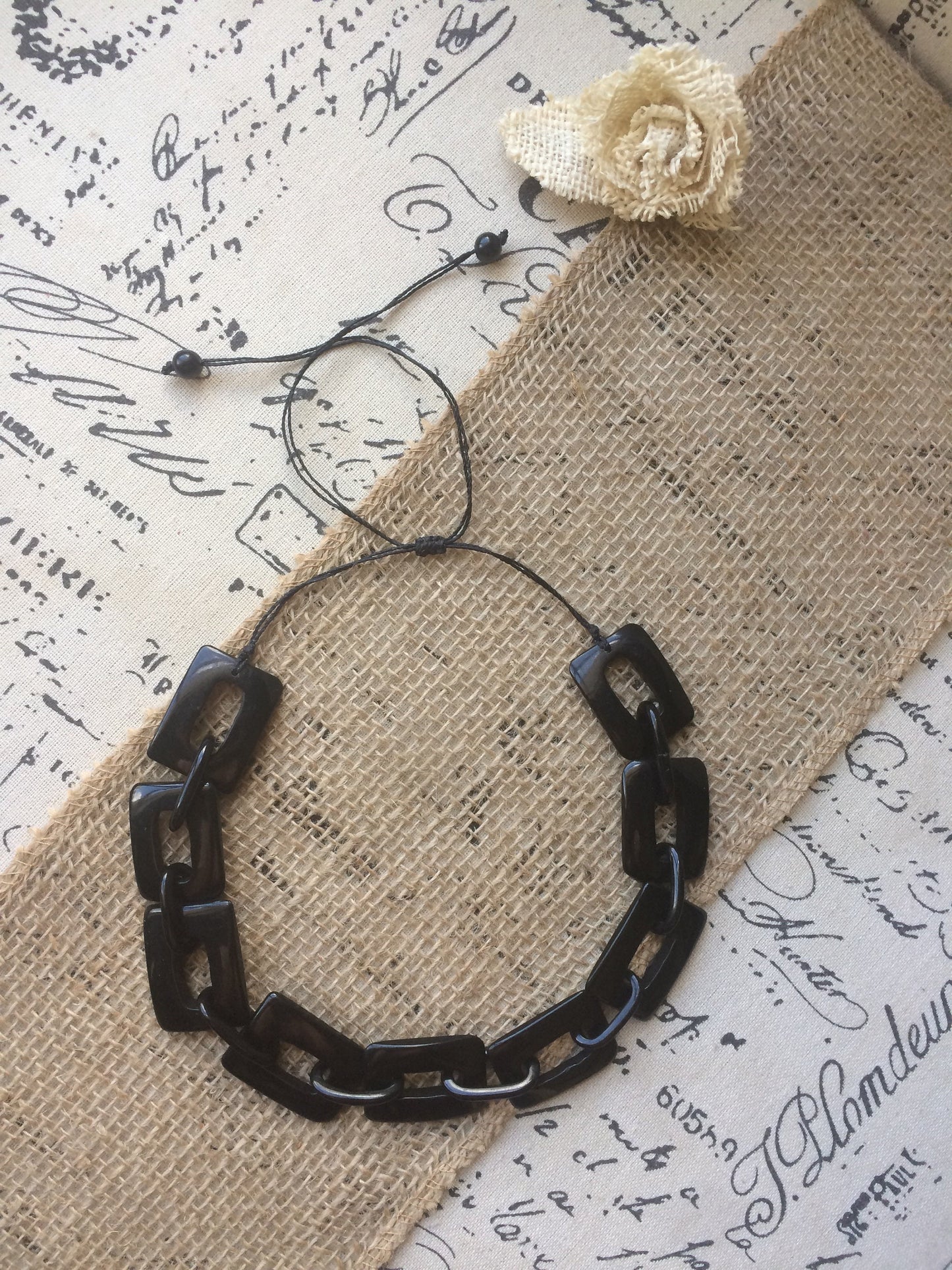 Black chain necklace Tagua jewelry Geometric statement necklace Adjustable cord Custom Fashionable gifts Handmade beaded necklace