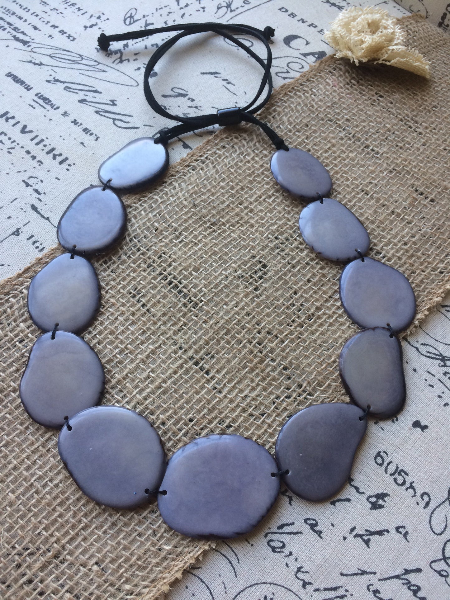 Gray simple necklace Tagua jewelry Statement beaded necklace Adjustable cord Mothers day gifts Wearable art Handmade necklace unique