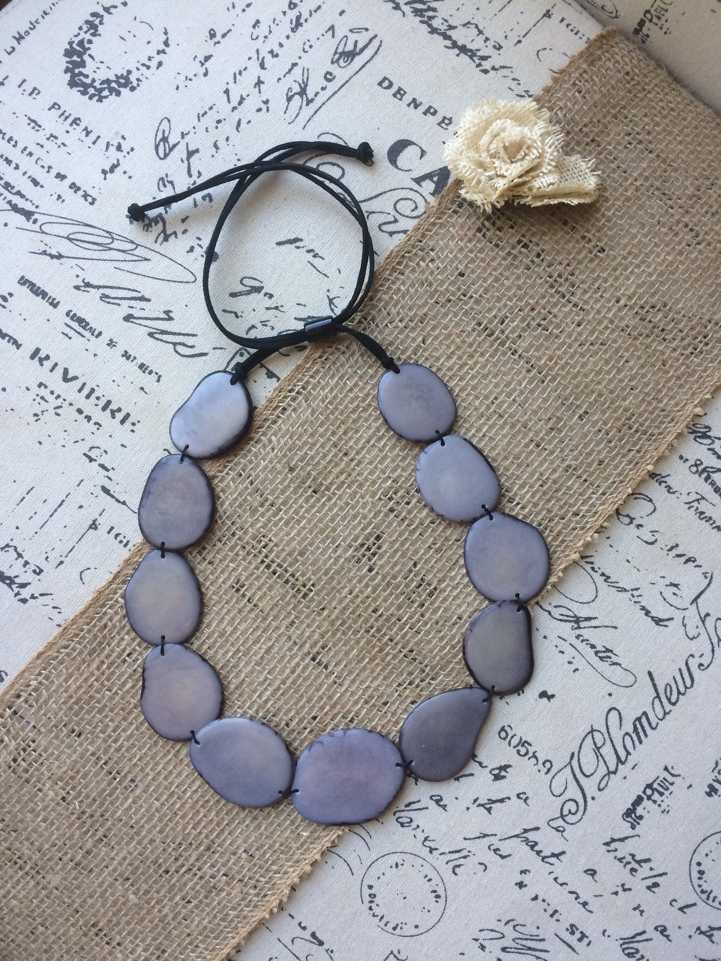 Gray simple necklace Tagua jewelry Statement beaded necklace Adjustable cord Fall fashion 2025 Wearable art Handmade necklace unique