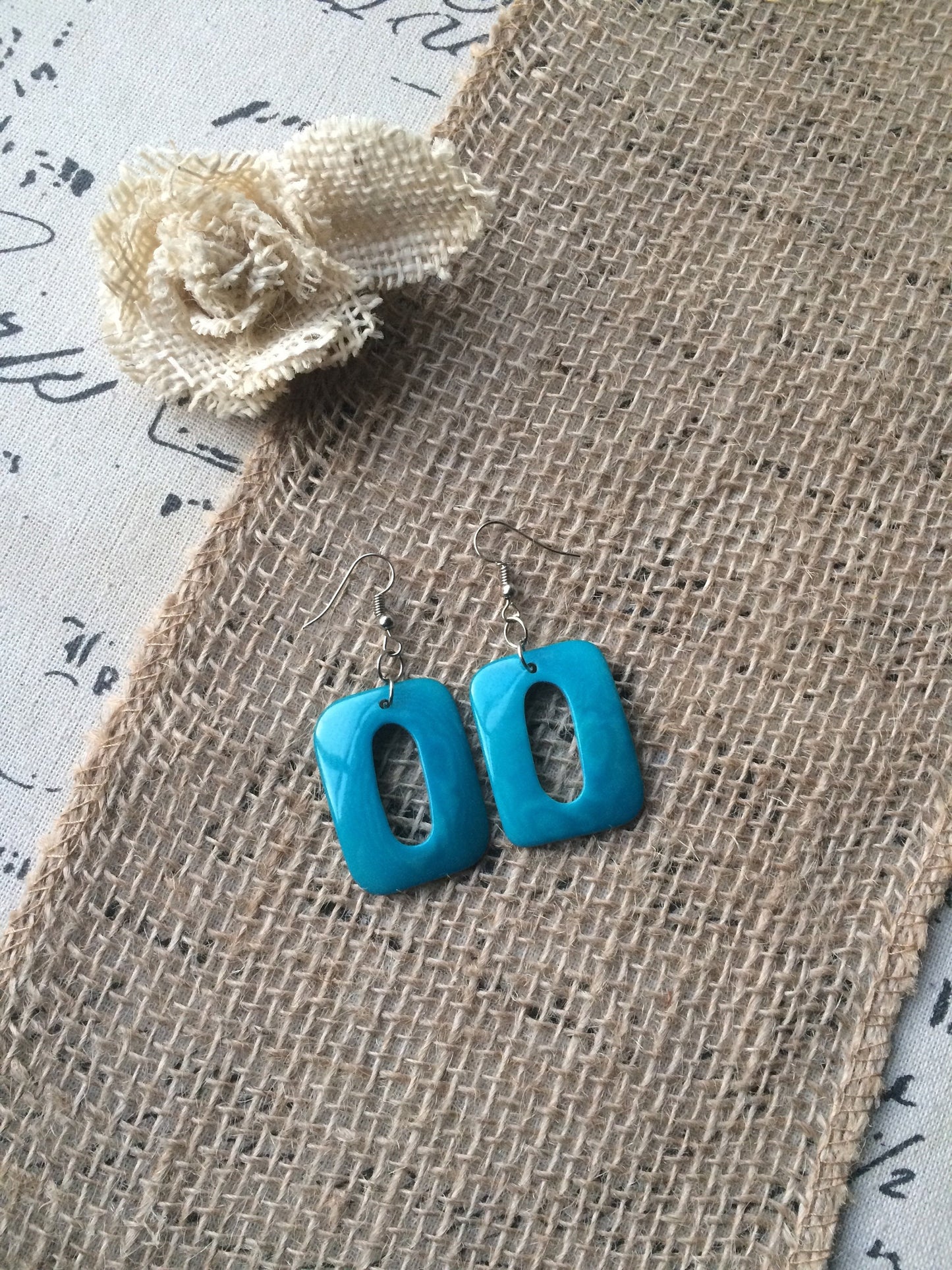 Turquoise geometric earrings Mod boho earrings Tagua nut jewelry Fall fashion Rectangle jewelry Long dangles Wearable art Statement drops