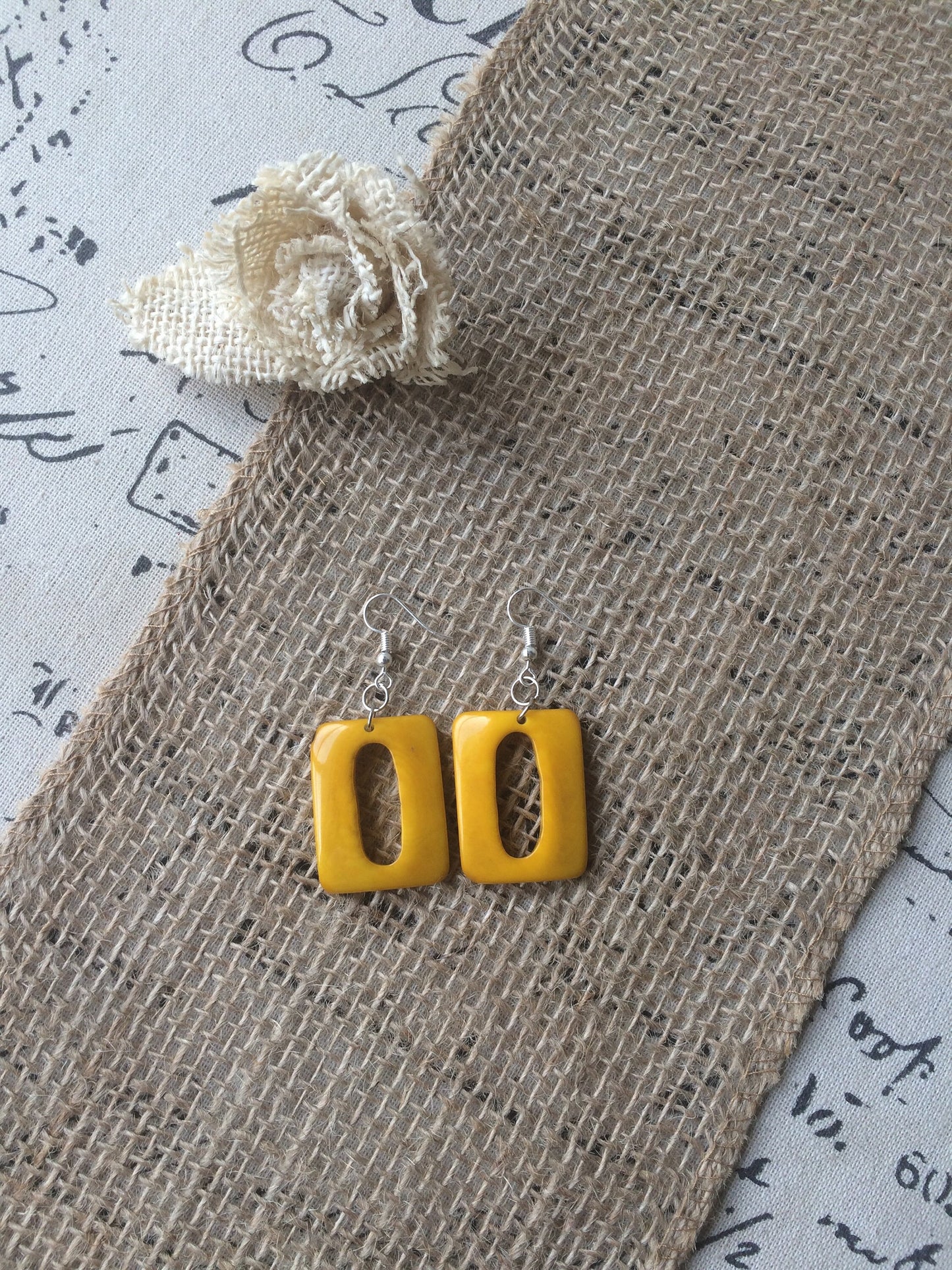 Yellow geometric earrings Tagua nut jewelry Summer fashion Rectangle beaded earrings Dangly drop earrings Art to wear Hypoallergenic