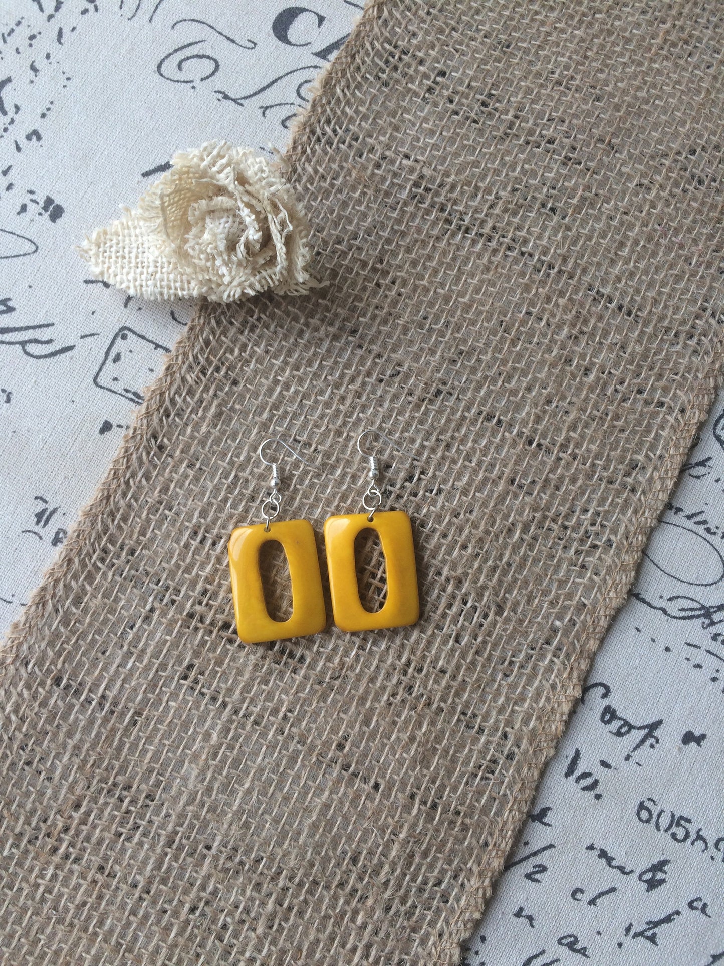 Yellow geometric earrings Tagua nut jewelry Summer fashion Rectangle beaded earrings Dangly drop earrings Art to wear Hypoallergenic
