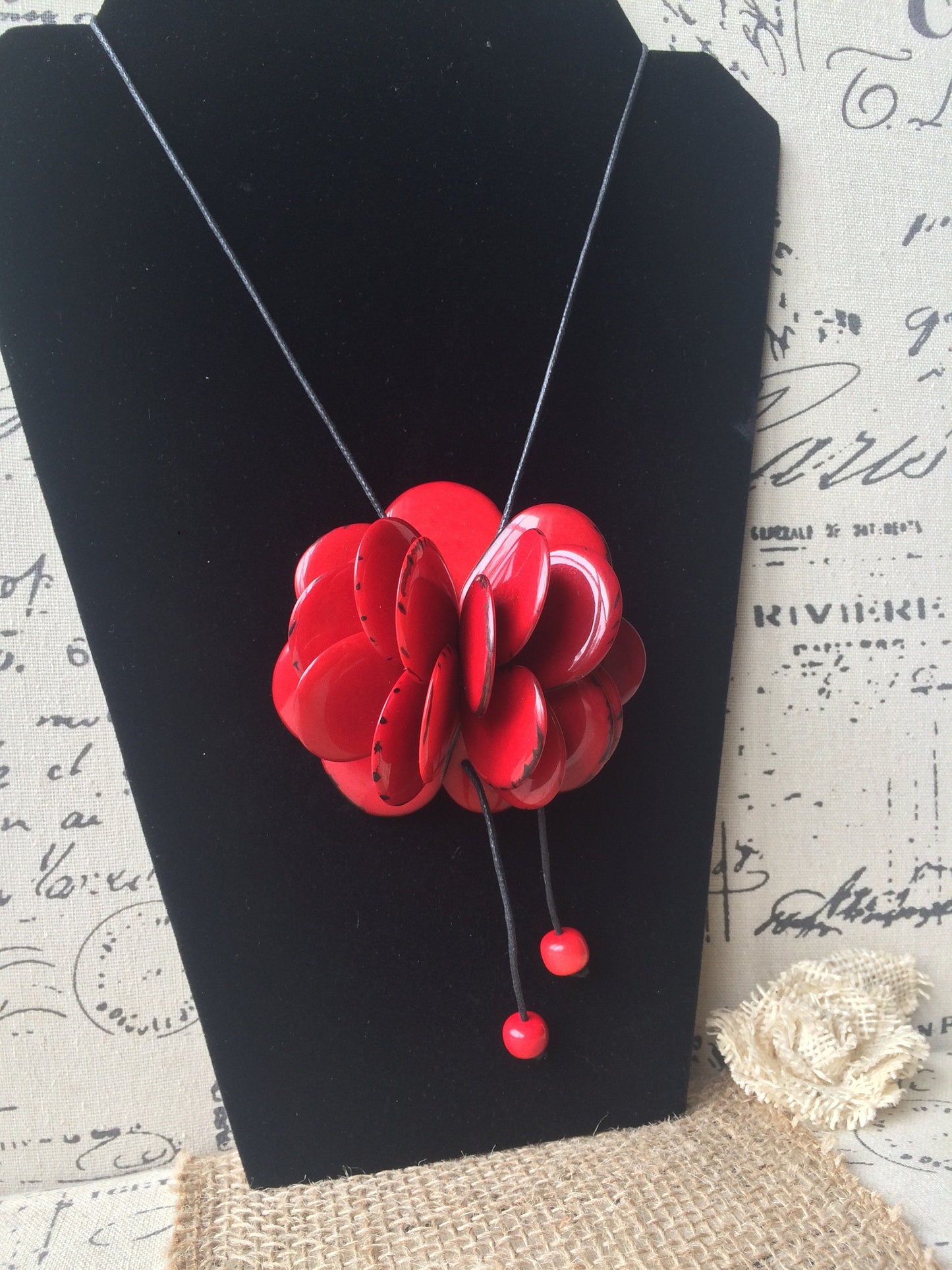 Red flower pendant necklace Tagua nut jewelry Floral pendant Wearable art Chunky statement pendant Adjustable cord Rose handmade pendant