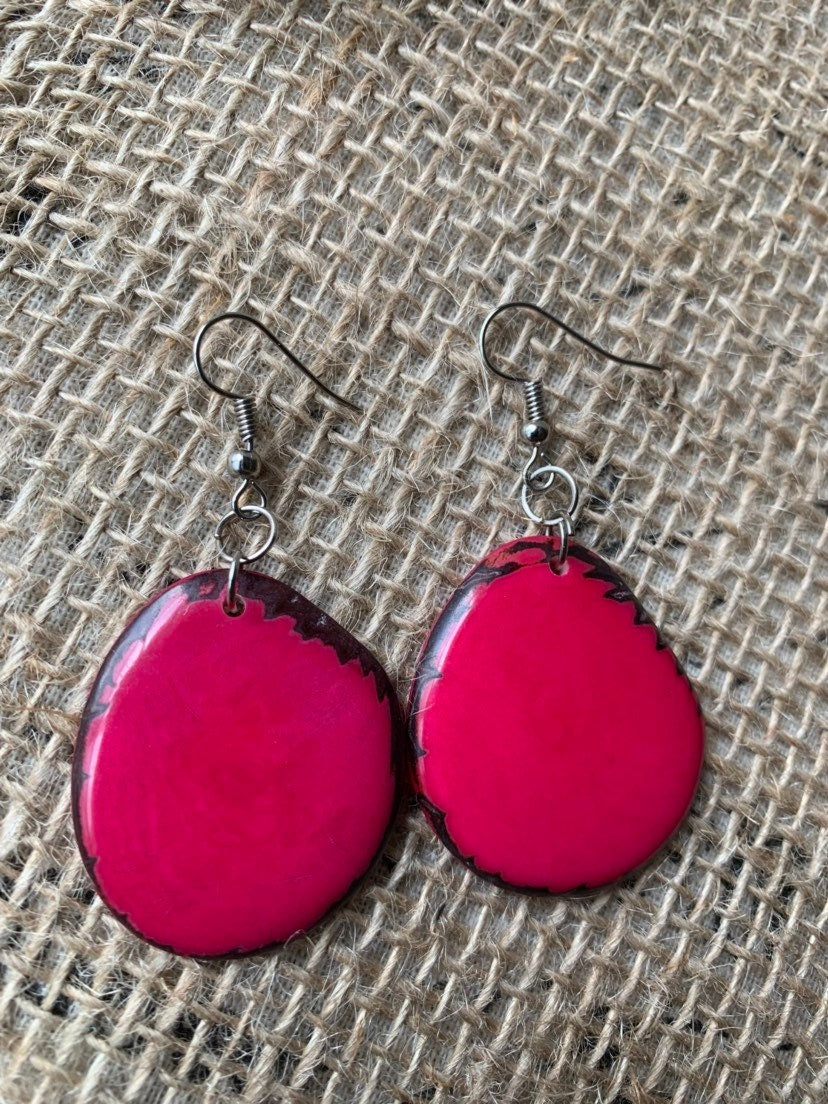 Hot pink earrings Big beaded earrings Tagua jewelry Statement earrings colorful Dangly earrings Chunky handmade jewelry Fall fashion