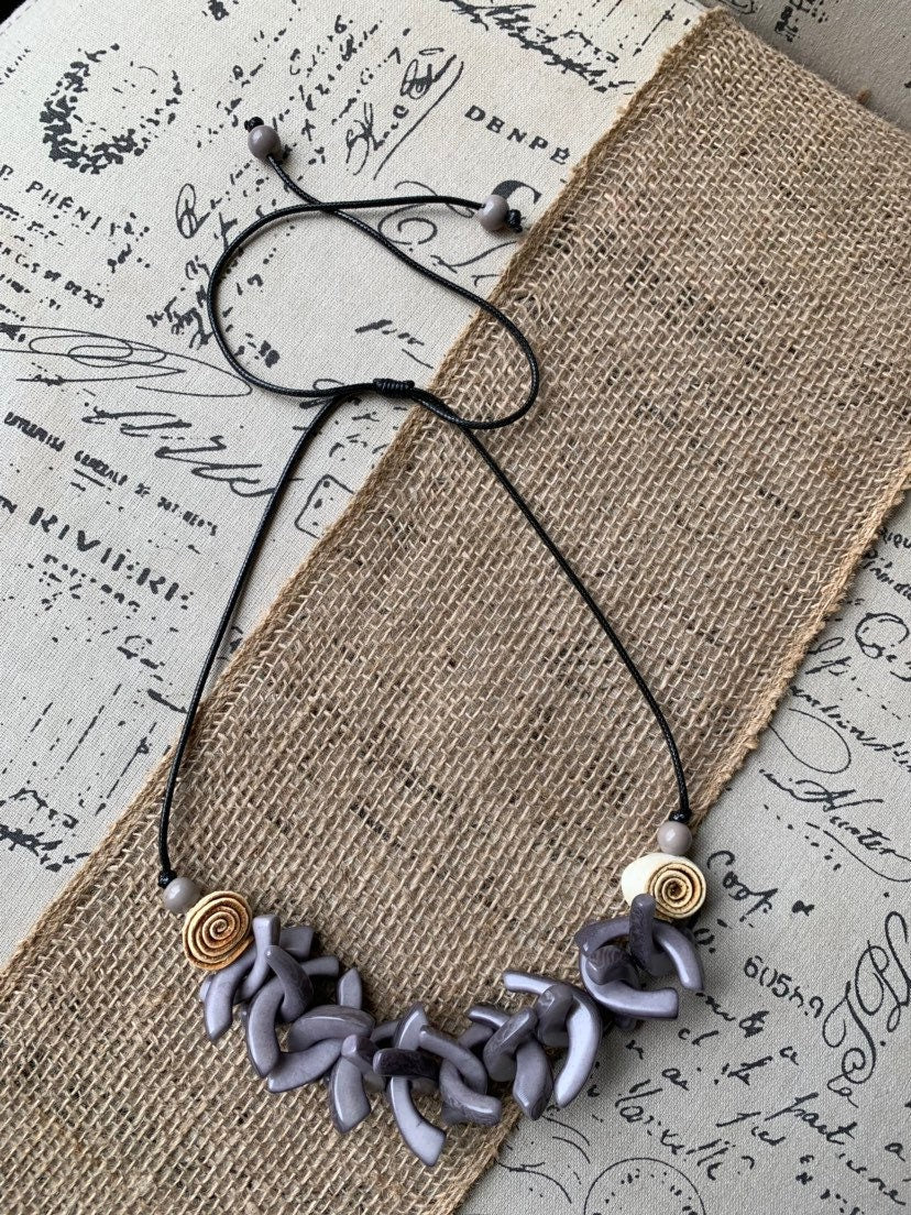 Gray beaded necklace with orange peel flowers Big bold necklaces Wearable art Mothers day gift Statement necklaces for women Adjustable cord