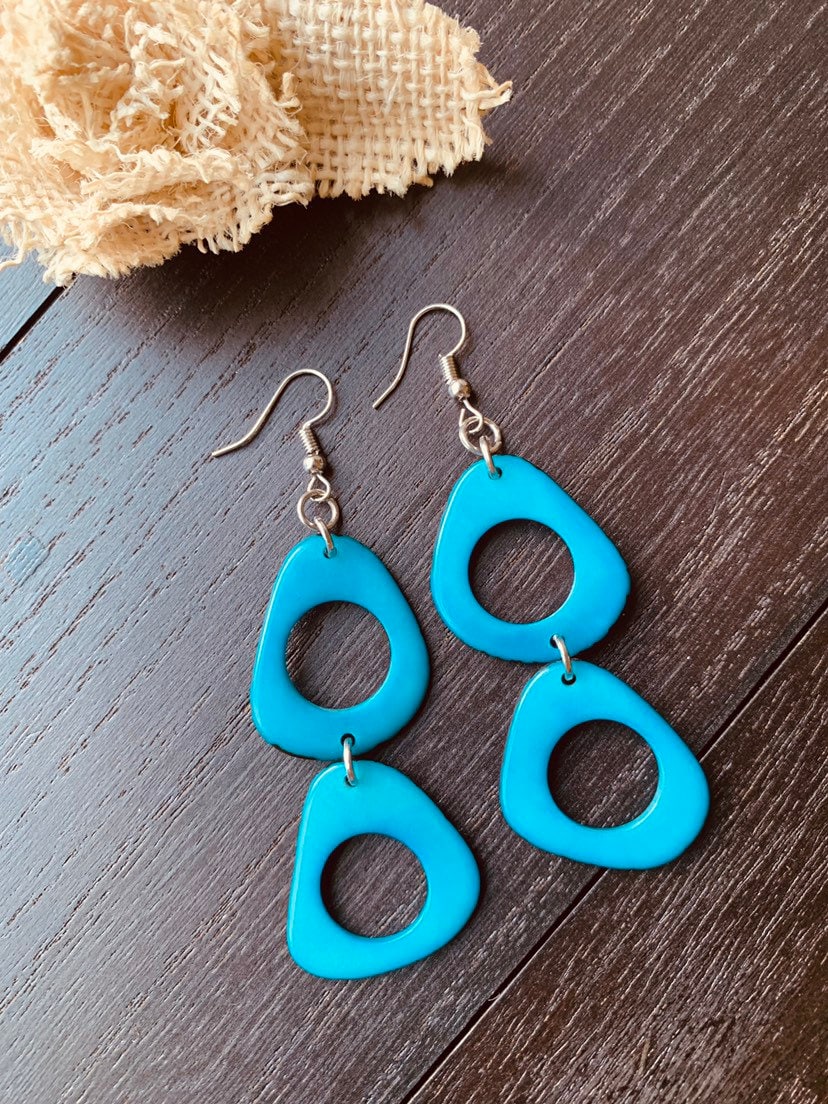 Turquoise extra long earrings Statement dangle and drop earrings Tagua nut earrings Handmade beaded earrings Art to wear Fall fashion