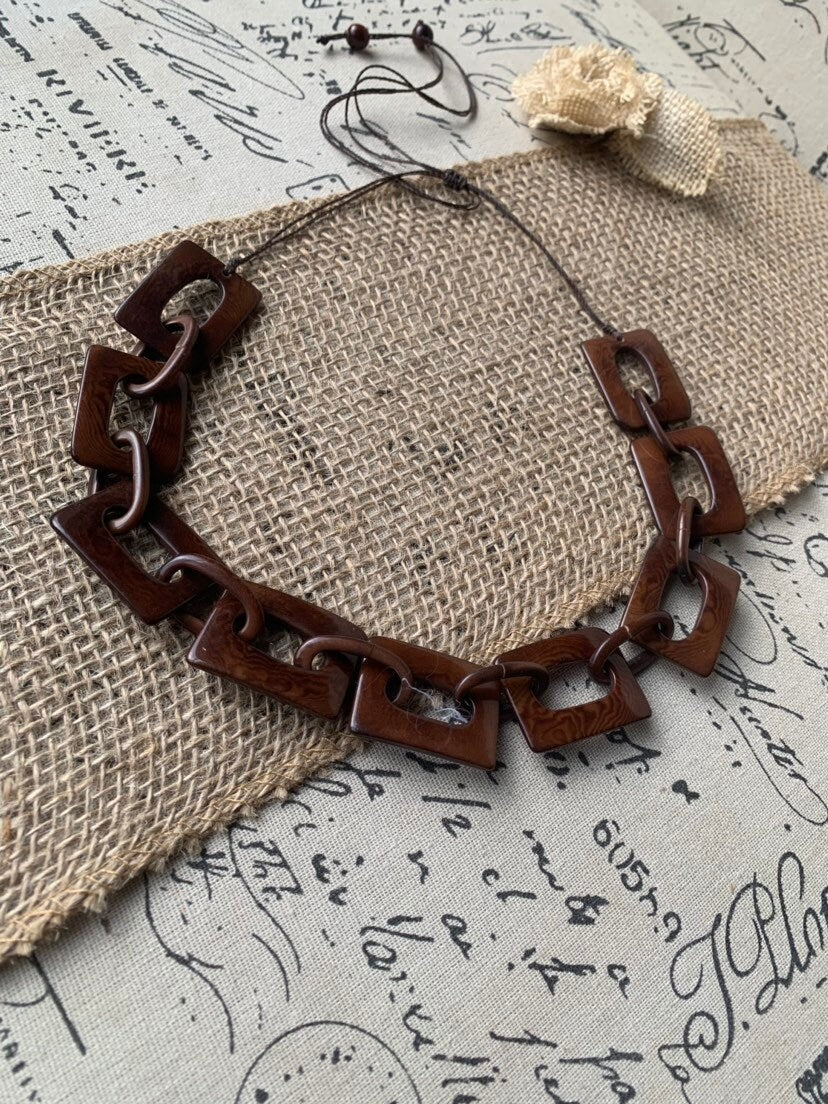 Brown chain link necklace Tagua jewelry Mother’s Day gifts Wearable art Sustainable fashion Elegant necklace Statement beaded necklace
