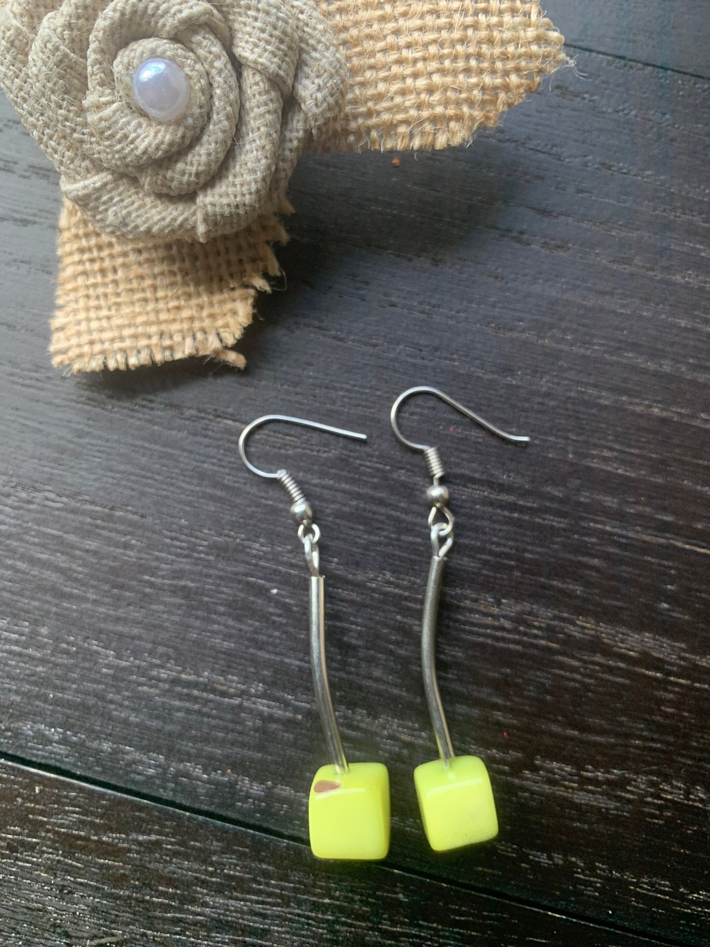 Apple green earrings Tagua jewelry Geometric dangly drop earrings Artsy gifts Square bead earrings Hypoallergenic Fall fashion 2025s