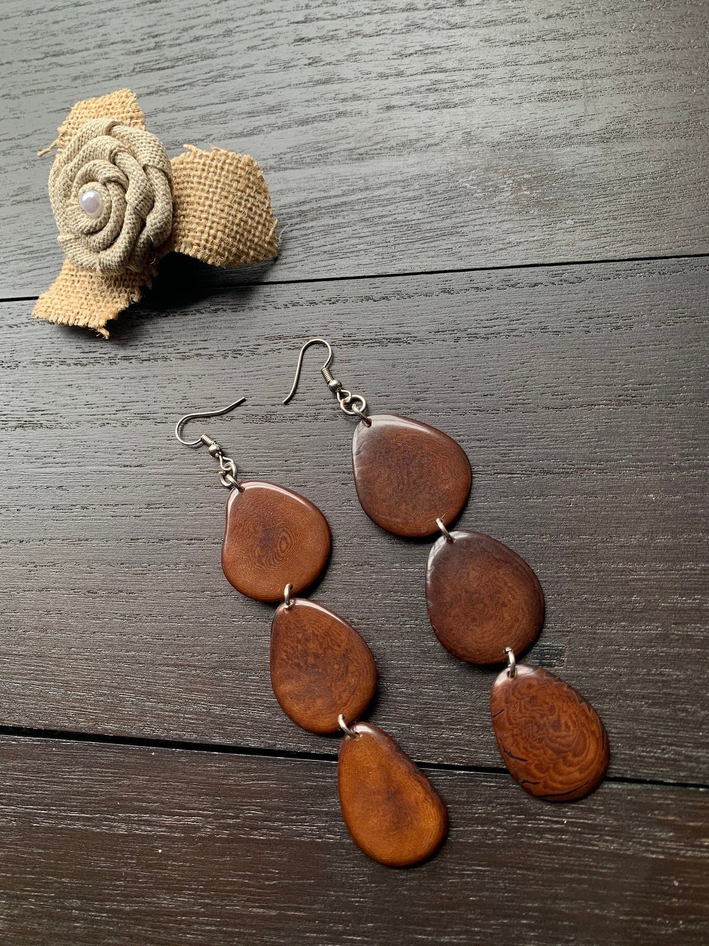 Brown earrings Fashion jewelry Extra long tagua earrings Fall fashion 2025s Chunky beaded drops Statement dangles Boho mod style Art to wear