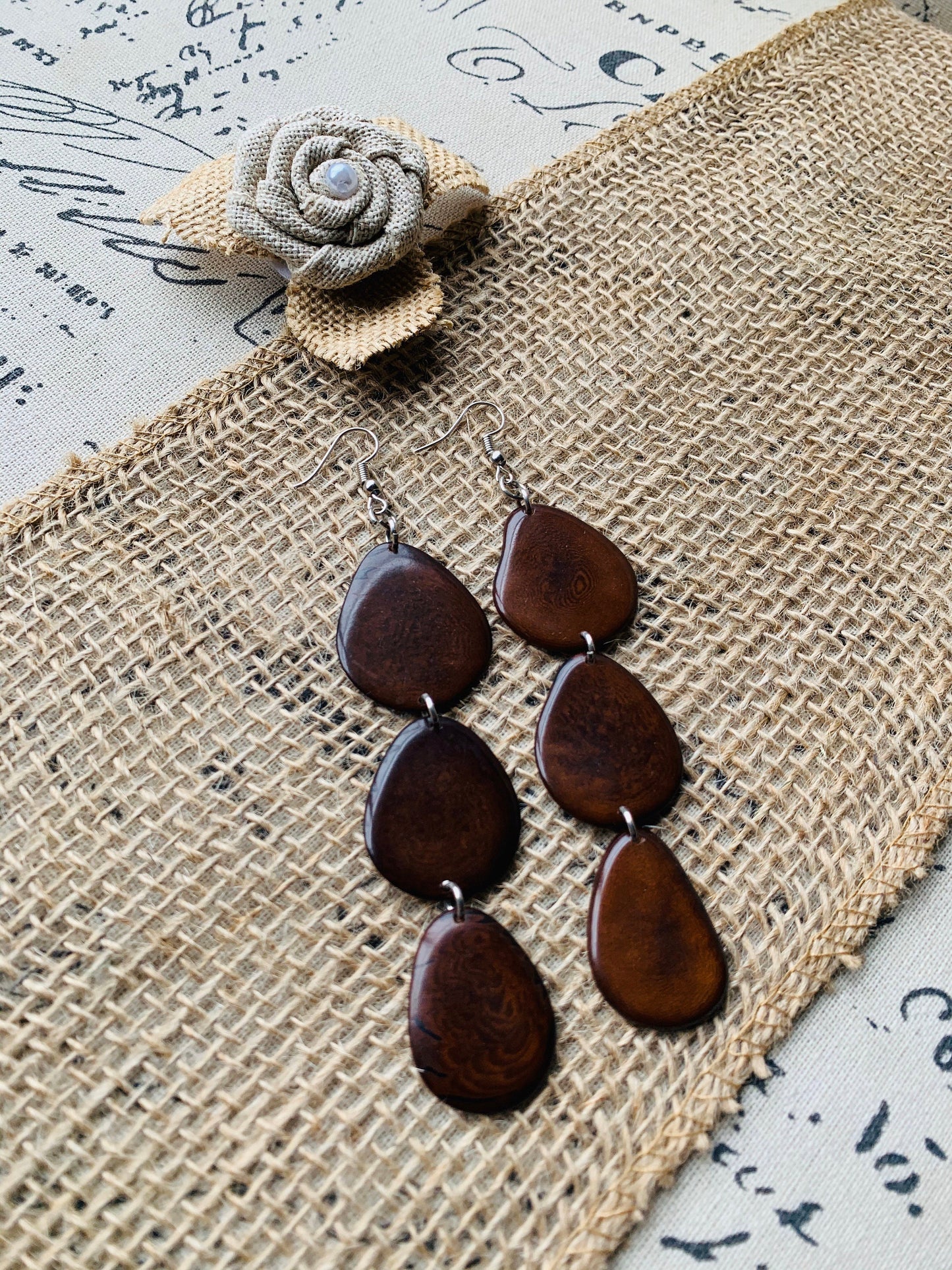 Brown earrings Fashion jewelry Extra long tagua earrings Mothers day gifts Chunky beaded drops Statement dangles Boho mod style Art to wear