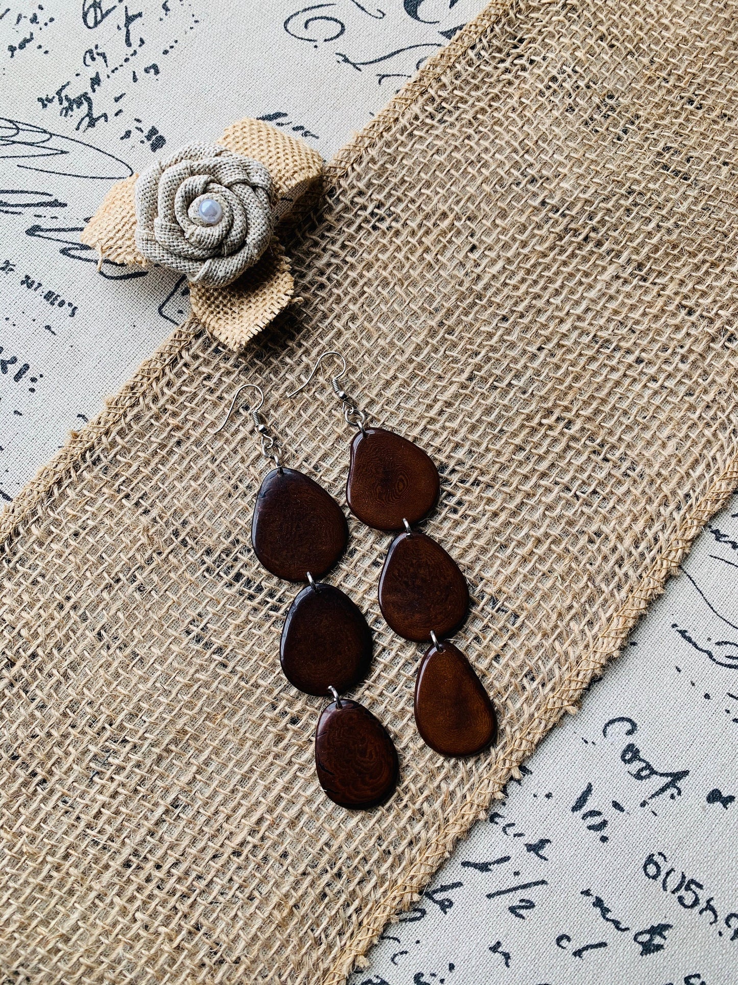 Brown earrings Fashion jewelry Extra long tagua earrings Mothers day gifts Chunky beaded drops Statement dangles Boho mod style Art to wear