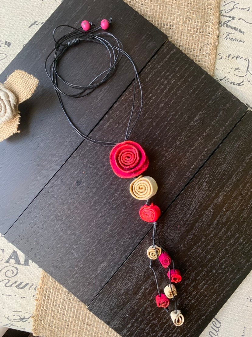 Hot pink flower pendant necklace Dainty rose necklace Floral necklace Adjustable cord Art to wear Artistic necklace Feminine artsy gifts