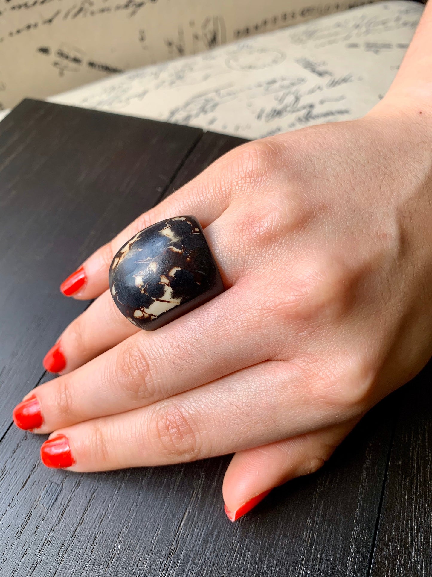 Black statement cocktail Tagua Ring Big bold dramatic rings Unusual jewelry Oversized Anniversary gifts Fashion rings Summer beach fashion