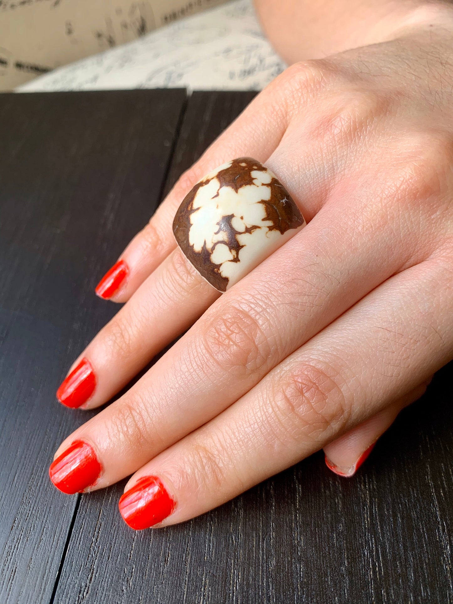 Ivory white beaded ring Tagua ring Cocktail rings large Fashion jewelry Wide band ring Chunky statement rings Thick rings Wearable art