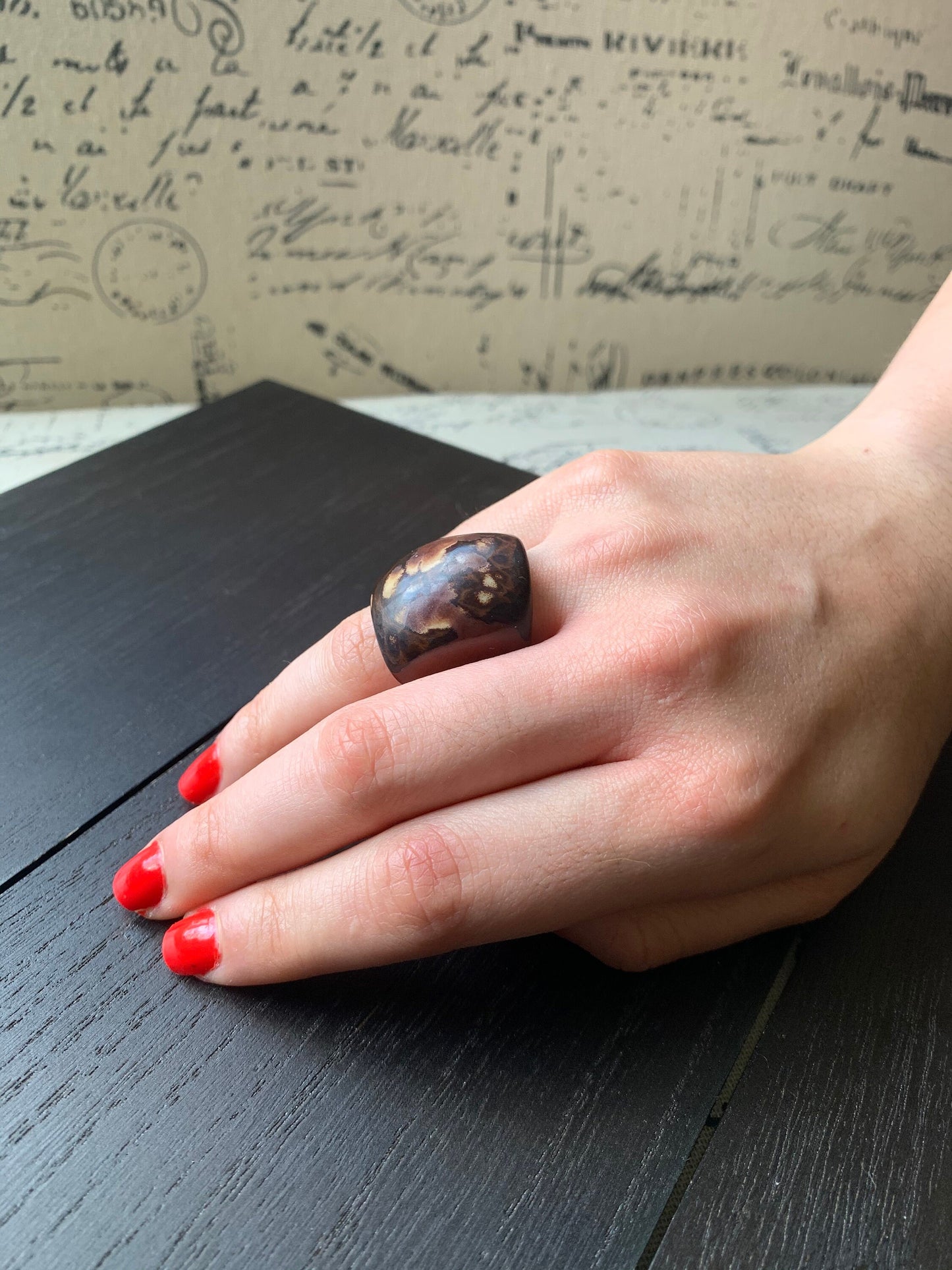 Elegant brown ring Tagua nut jewelry Cocktail rings Wide band ring Statement cuff ring Contemporary beaded ring Wide band rings Handcrafted