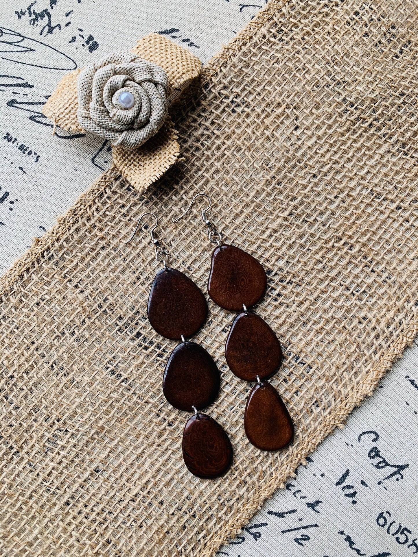 Brown earrings Fashion jewelry Extra long tagua earrings Mothers day gifts Chunky beaded drops Statement dangles Boho mod style Art to wear