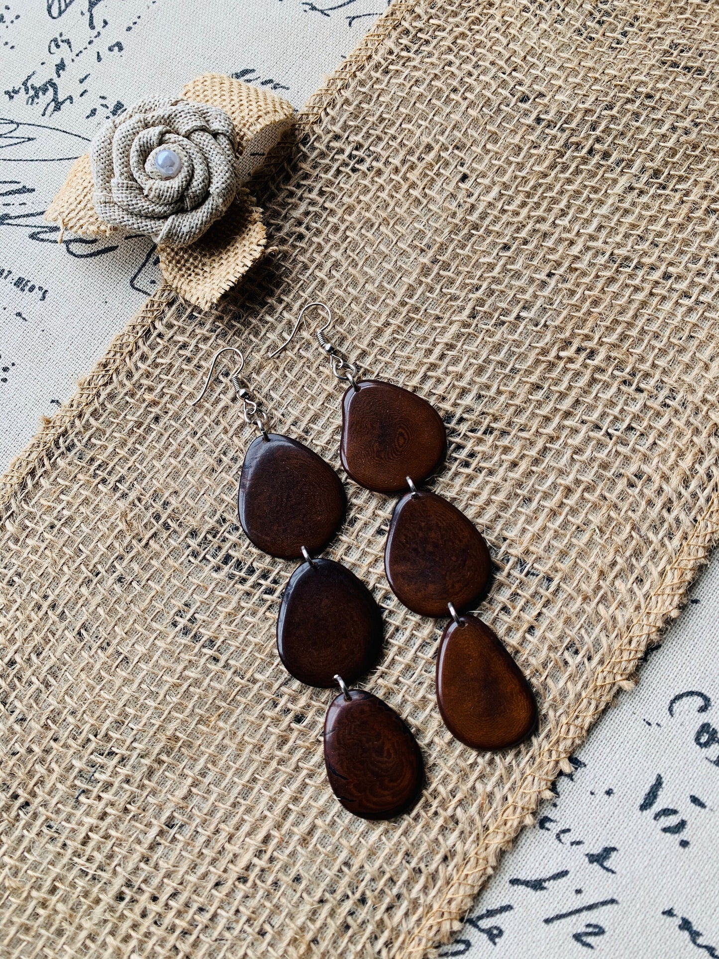 Brown earrings Fashion jewelry Extra long tagua earrings Mothers day gifts Chunky beaded drops Statement dangles Boho mod style Art to wear