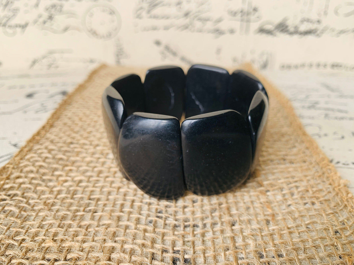 Black statement bracelet Tagua jewelry Big bold bangle Fall trends Fashion jewelry Wide cuff bangle Beaded stretch bracelet Art to wear