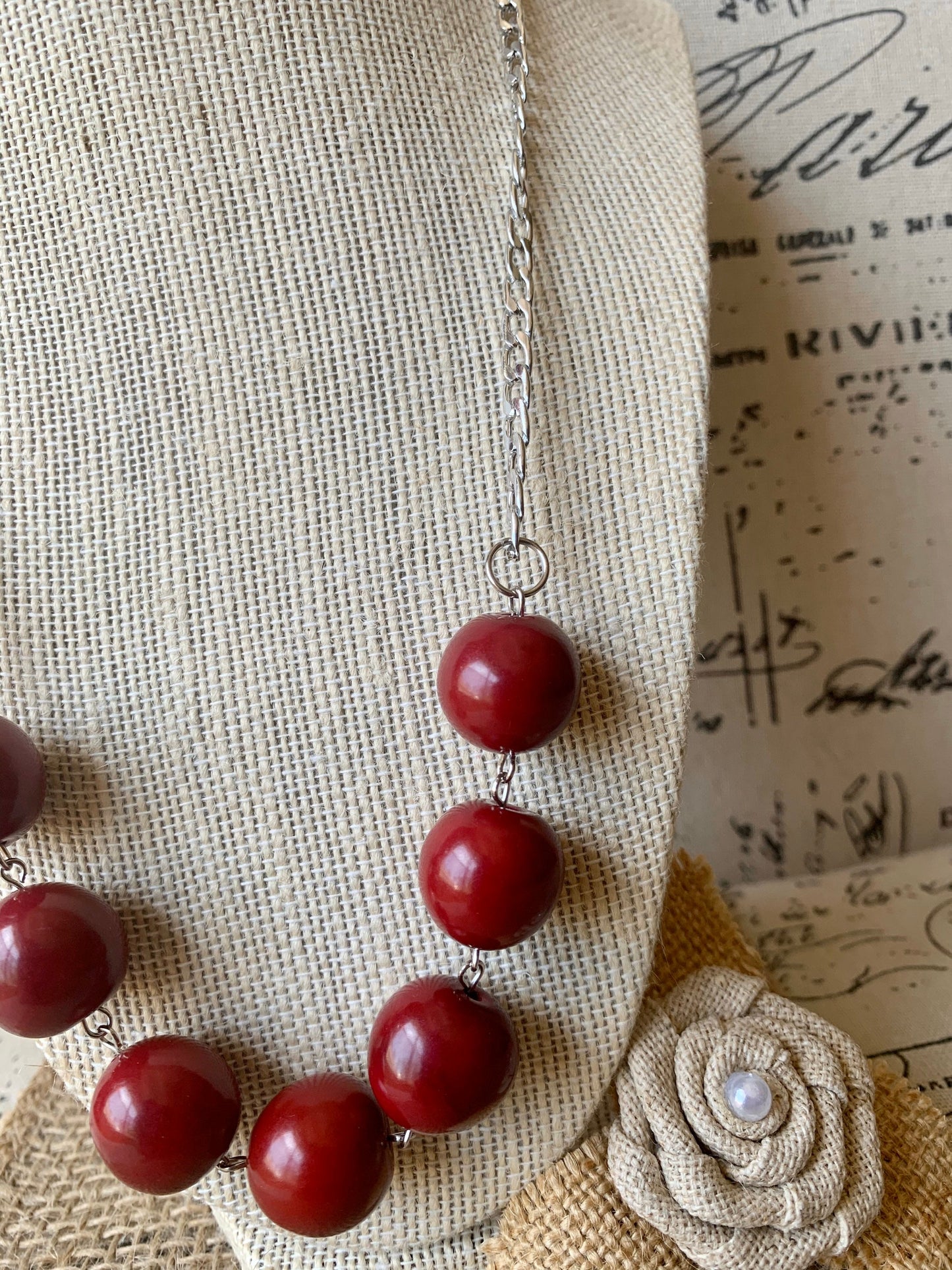 Maroon beaded necklace with silver chain Tagua jewelry Statement handmade necklace Wearable art Bubblegum beads necklace Cruise wear
