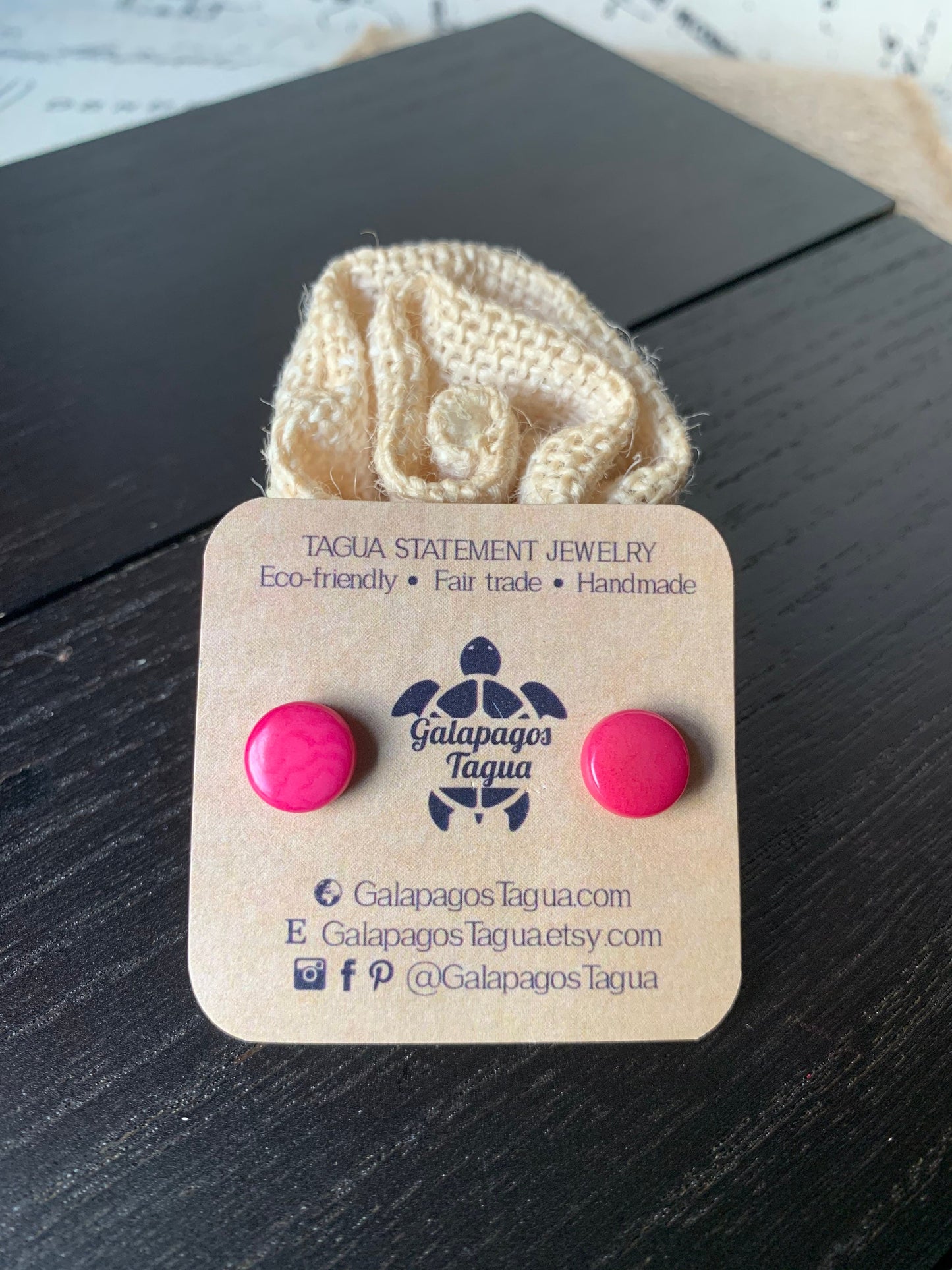 Hot pink stud earrings Round beaded earrings Tagua jewelry Geometric post earrings Button earrings Art to wear Fall fashion Beach trendy