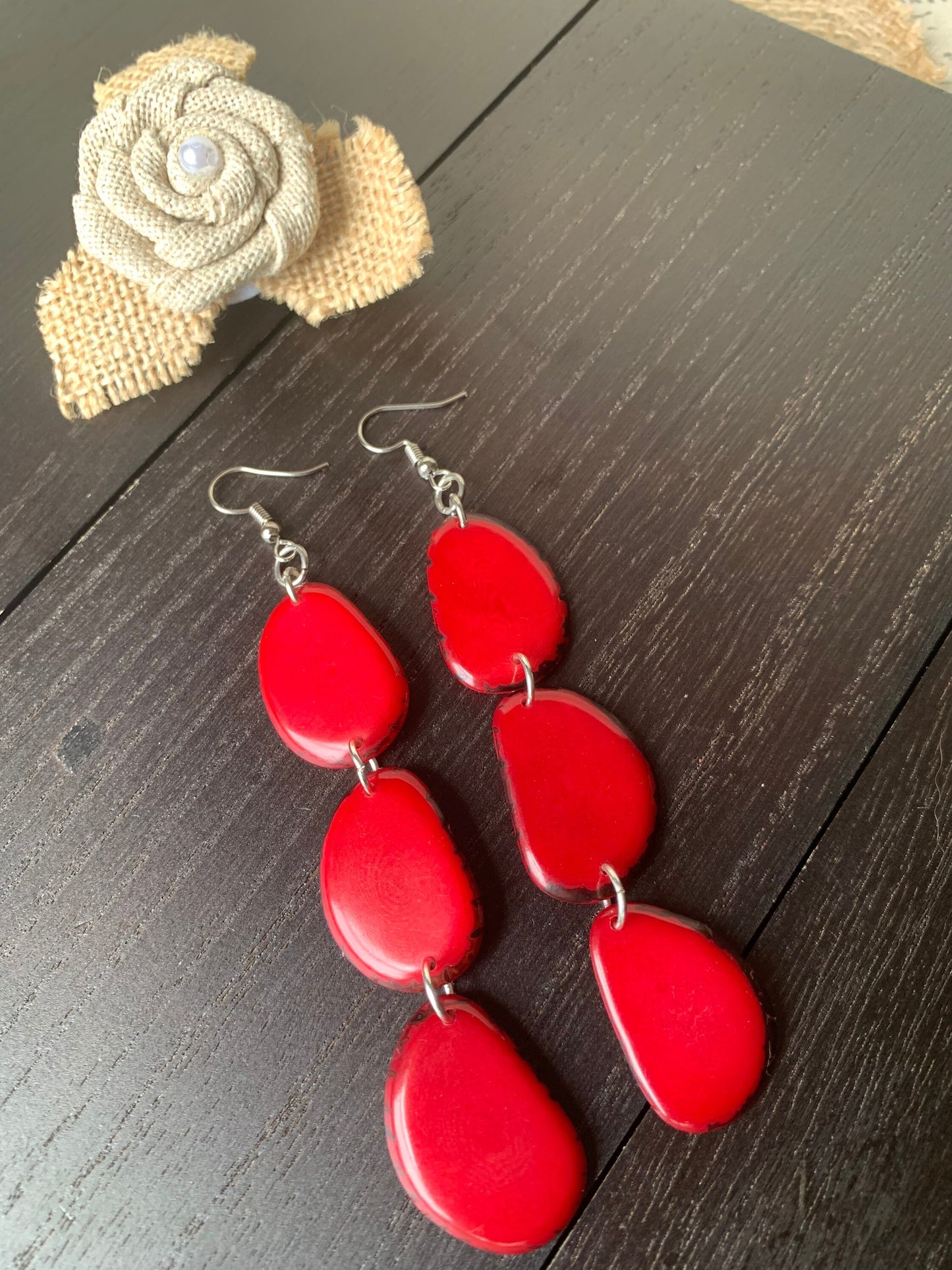 Red earrings Extra long tagua earrings Chunky beaded drops Statement dangles Boho mod style Mothers day gift Wearable art Waterfall earrings