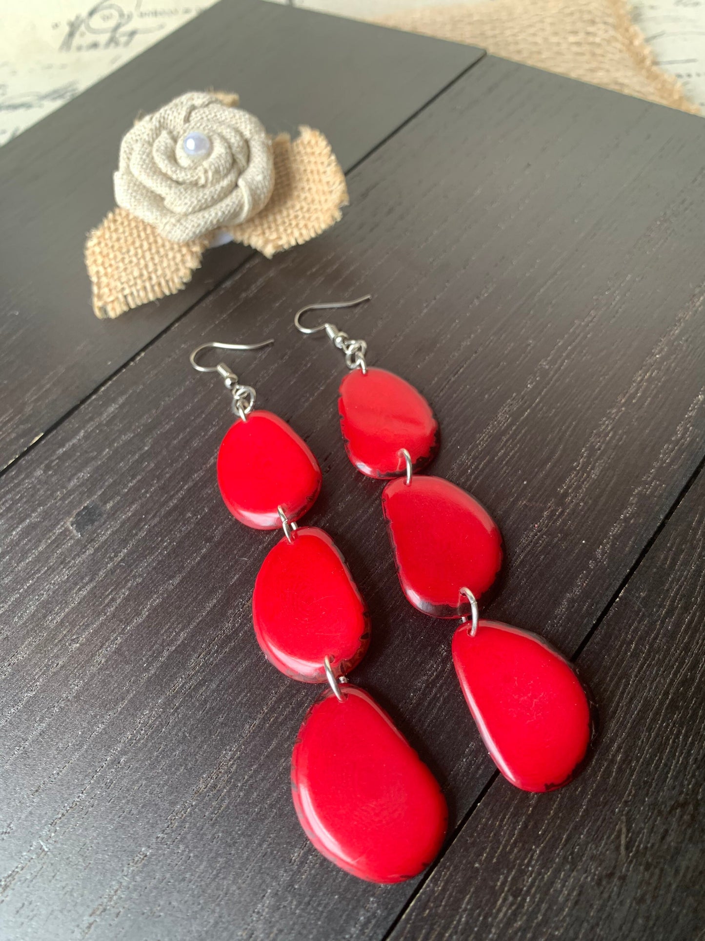 Red earrings Extra long tagua earrings Chunky beaded drops Statement dangles Boho mod style Mothers day gift Wearable art Waterfall earrings