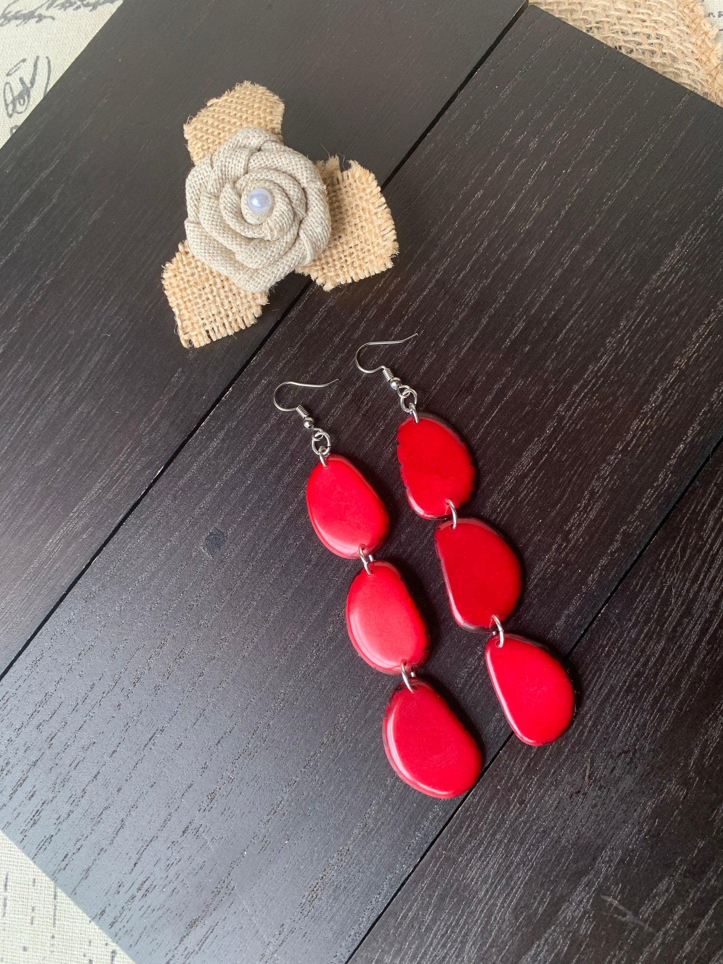 Red earrings Extra long tagua earrings Chunky beaded drops Statement dangles Boho mod style Mothers day gift Wearable art Waterfall earrings
