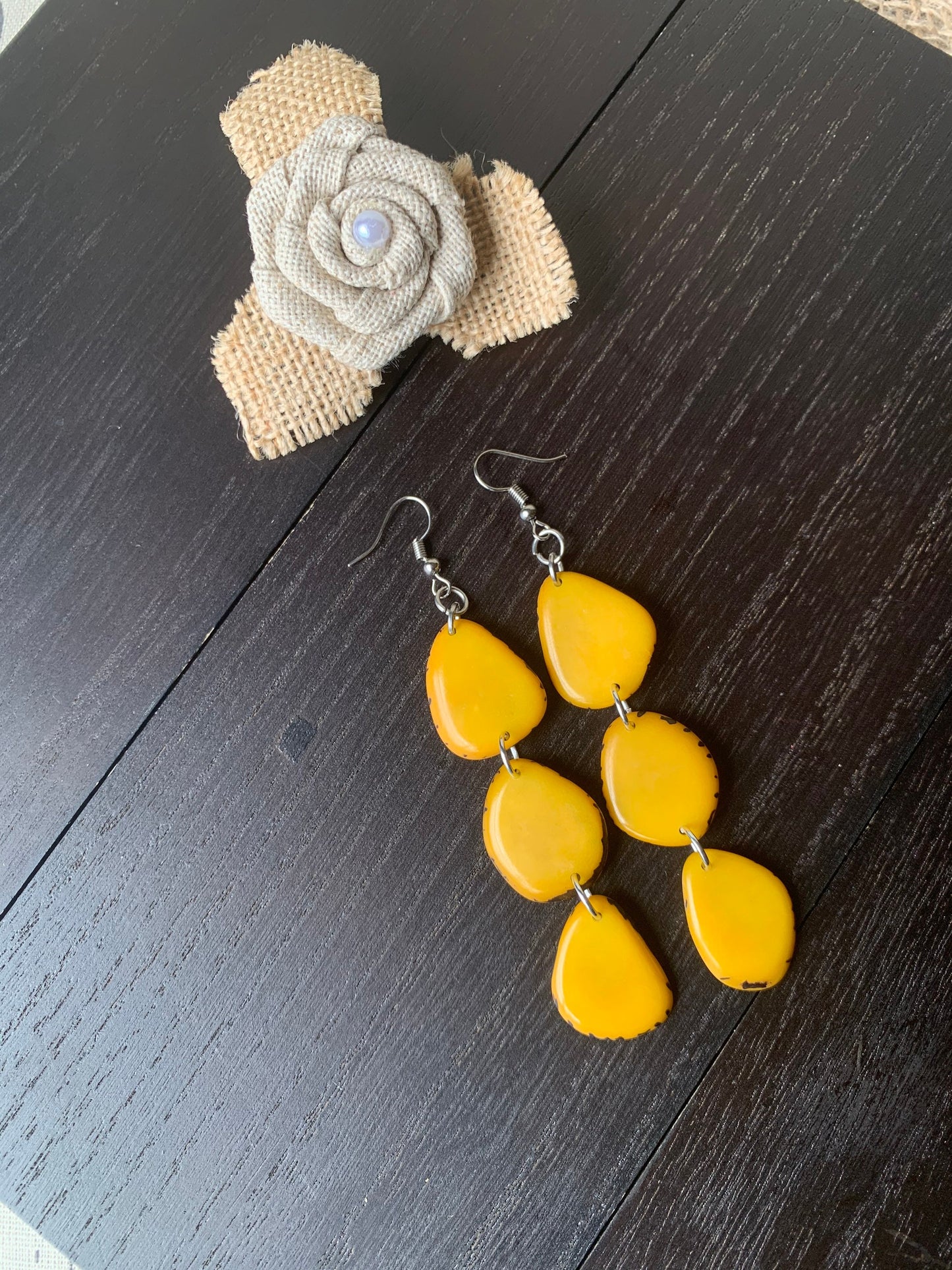 Long Yellow Tagua Nut Dangle Earrings: Boho Beaded Jewelry, Fall fashion