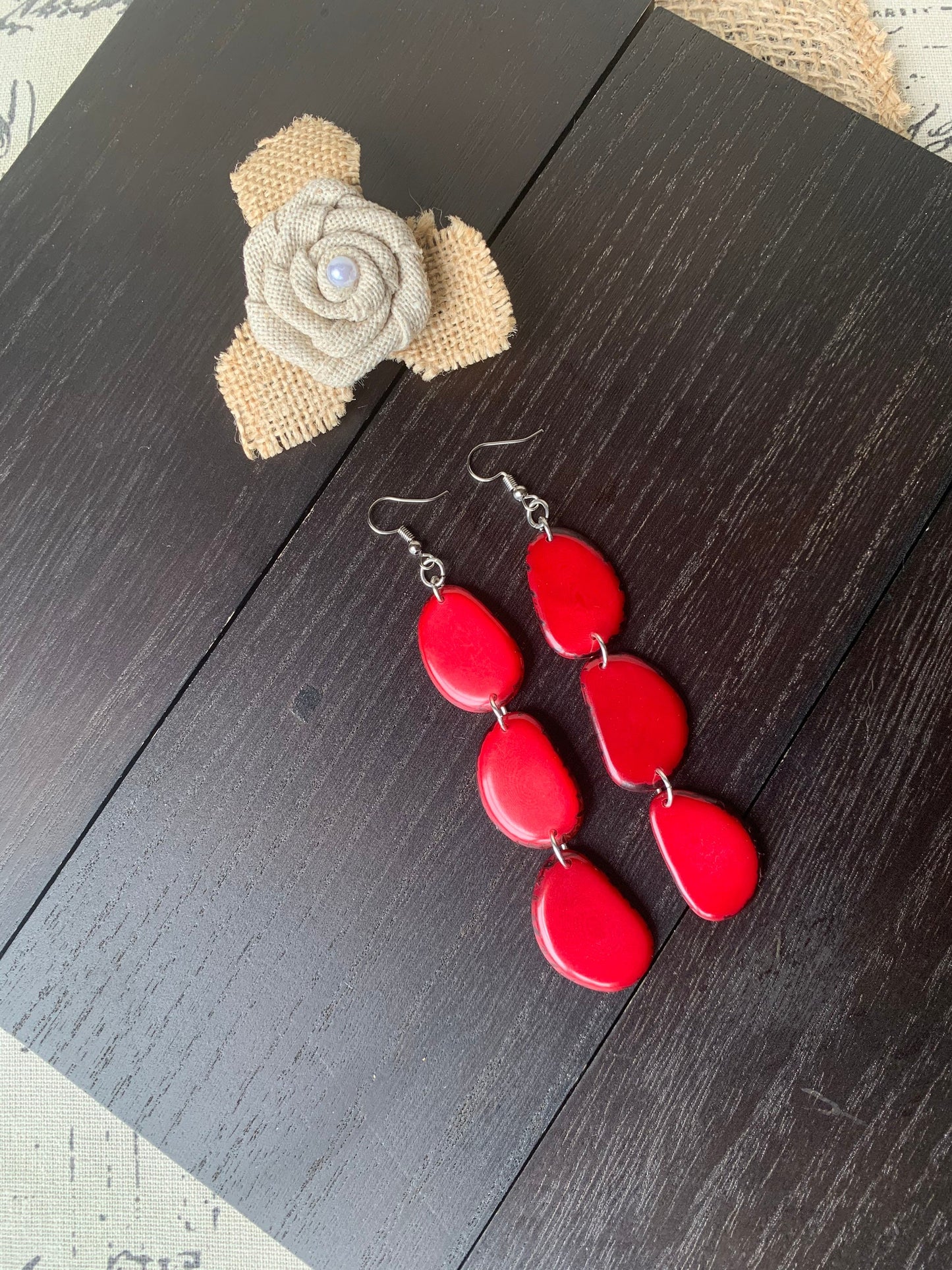 Red earrings Extra long tagua earrings Chunky beaded drops Statement dangles Boho mod style Mothers day gift Wearable art Waterfall earrings