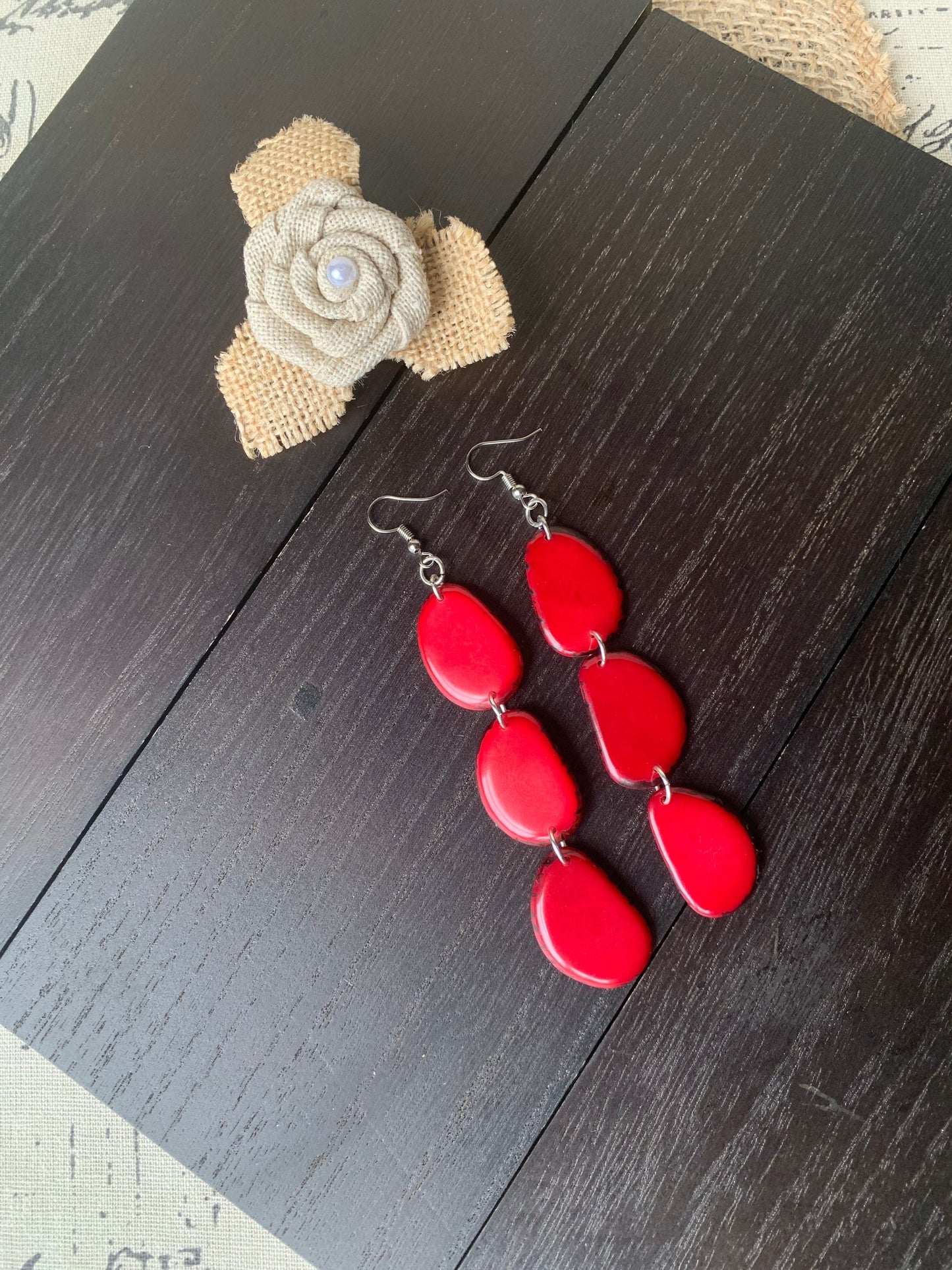 Red earrings Extra long tagua earrings Chunky beaded drops Statement dangles Boho mod style Mothers day gift Wearable art Waterfall earrings