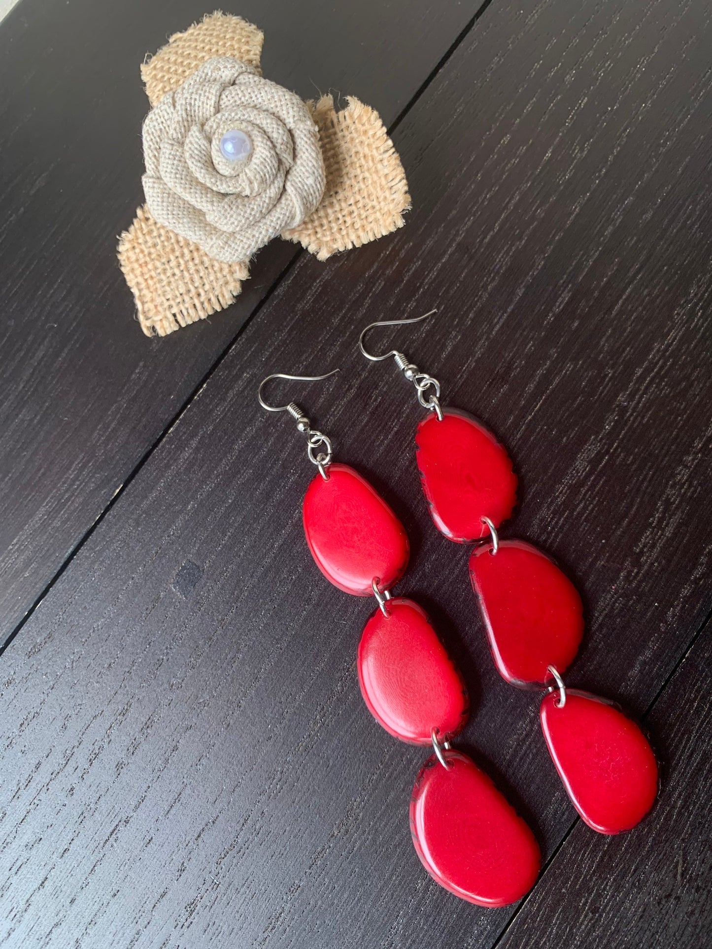 Red earrings Extra long tagua earrings Chunky beaded drops Statement dangles Boho mod style Mothers day gift Wearable art Waterfall earrings