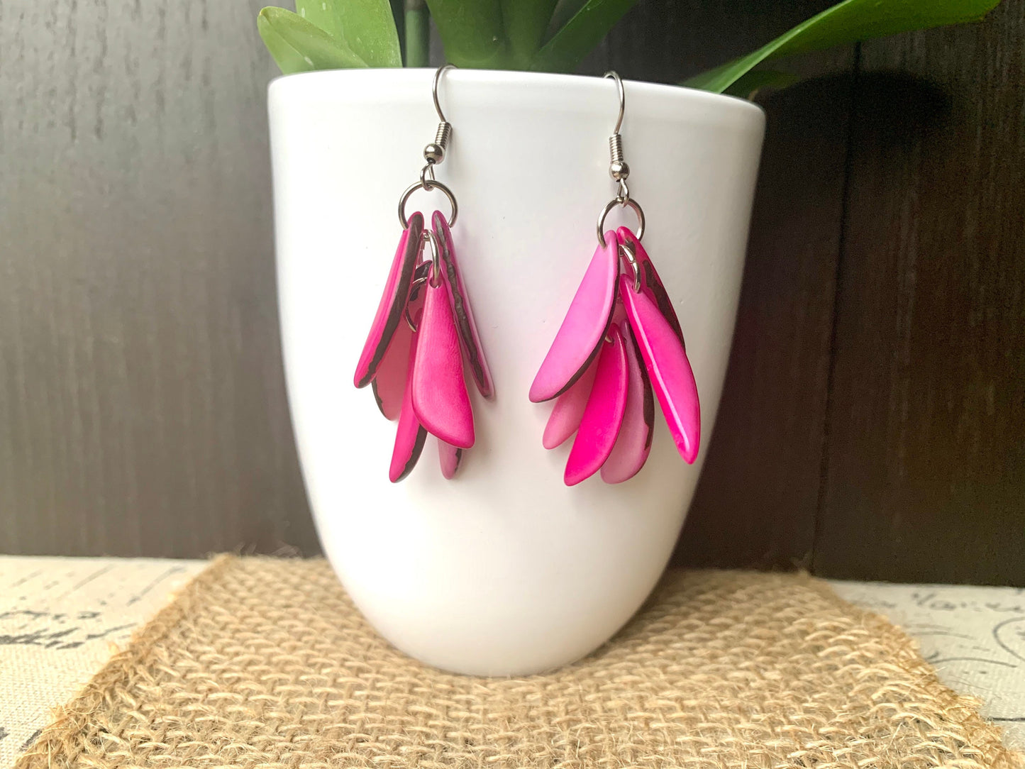 Pink statement dangle earrings Extra chunky tagua earrings beaded Fall fashion jewelry Casual trendy drops Boho mod style Artisan handmade